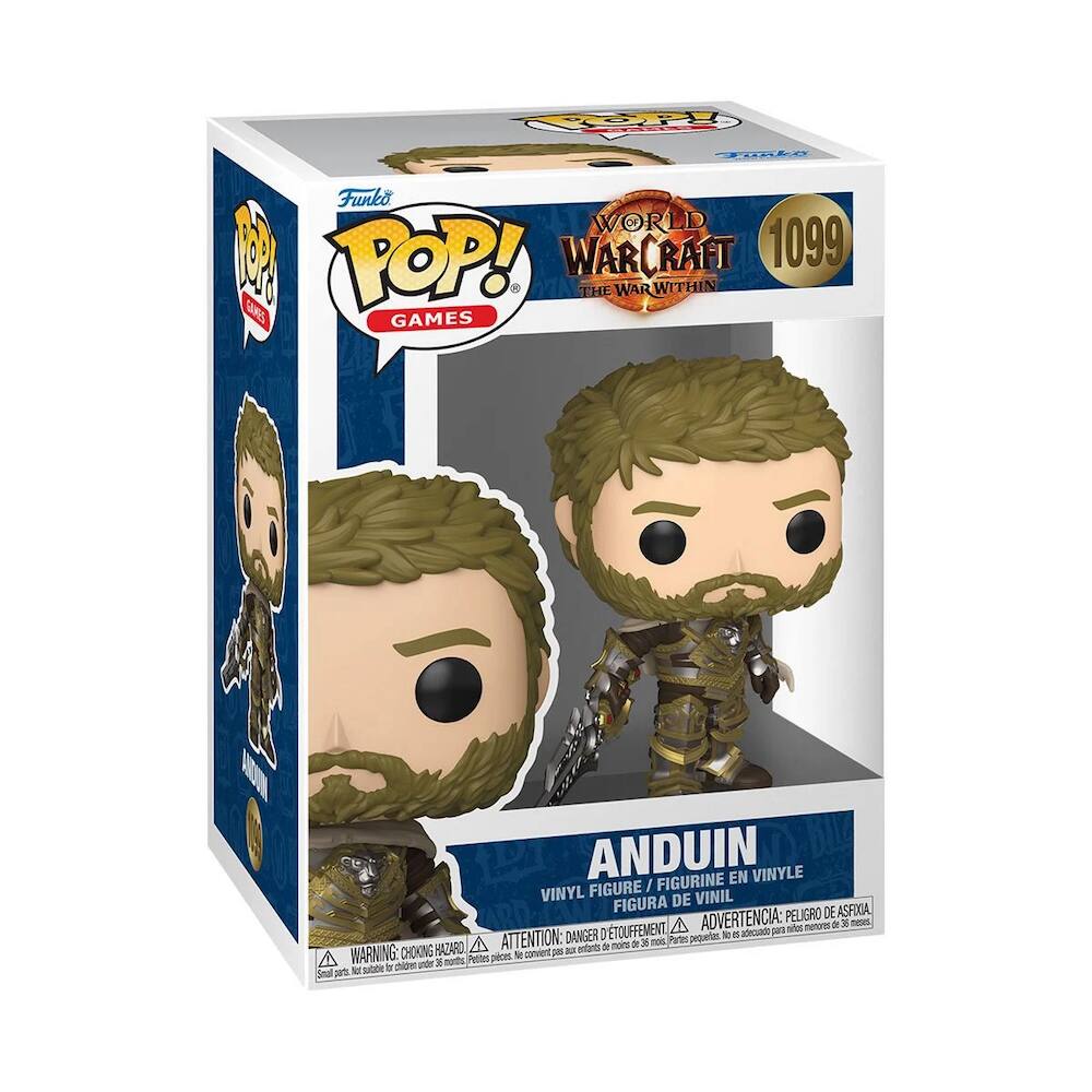 Sure, here is the corrected and grouped text from the image:

---

**Funko POP! GAMES**

**WORLD OF WARCRAFT**  
**1099**  
**THE WAR WITHIN**

**ANDUIN**  
**VINYL FIGURE / FIGURINE EN VINYLE / FIGURA DE VINIL**

**WARNING: CHOKING HAZARD**  
**ATTENTION: PELIGRO DE ASFIXIA**  
**ADVERTÊNCIA: PERIGO DE ASFIXIA**  
**Pequeñas piezas no son adecuadas para niños menores de 3 años.**  
**Small parts, not suitable for children under 3 years.**  
**Peut être dangereux pour les enfants de moins de 3 ans.**

---

This text is organized to reflect the information on the packaging of the Funko POP! vinyl figure.