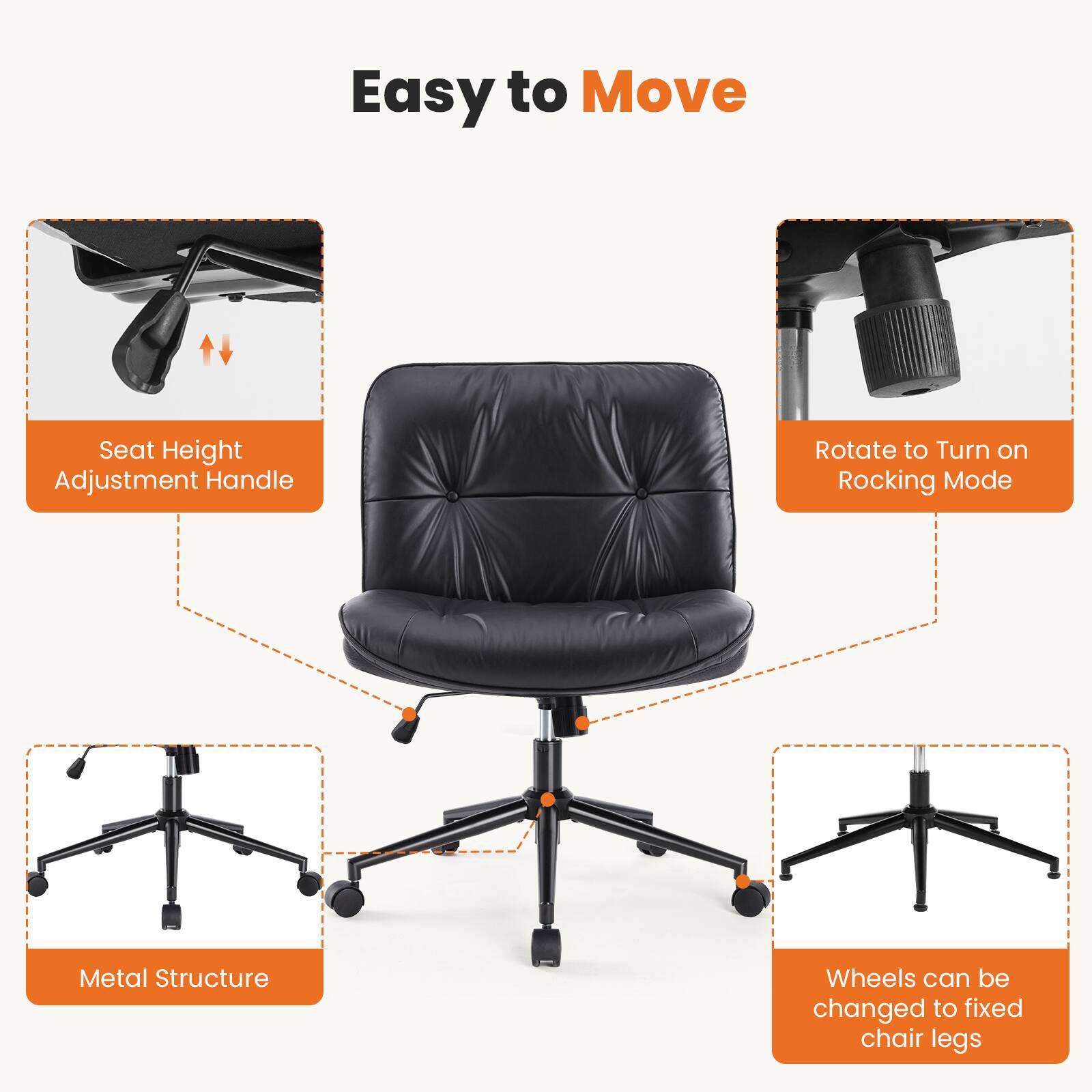 Easy to Move

- Seat Height Adjustment Handle
- Rotate to Turn on Rocking Mode
- Metal Structure
- Wheels can be changed to fixed chair legs