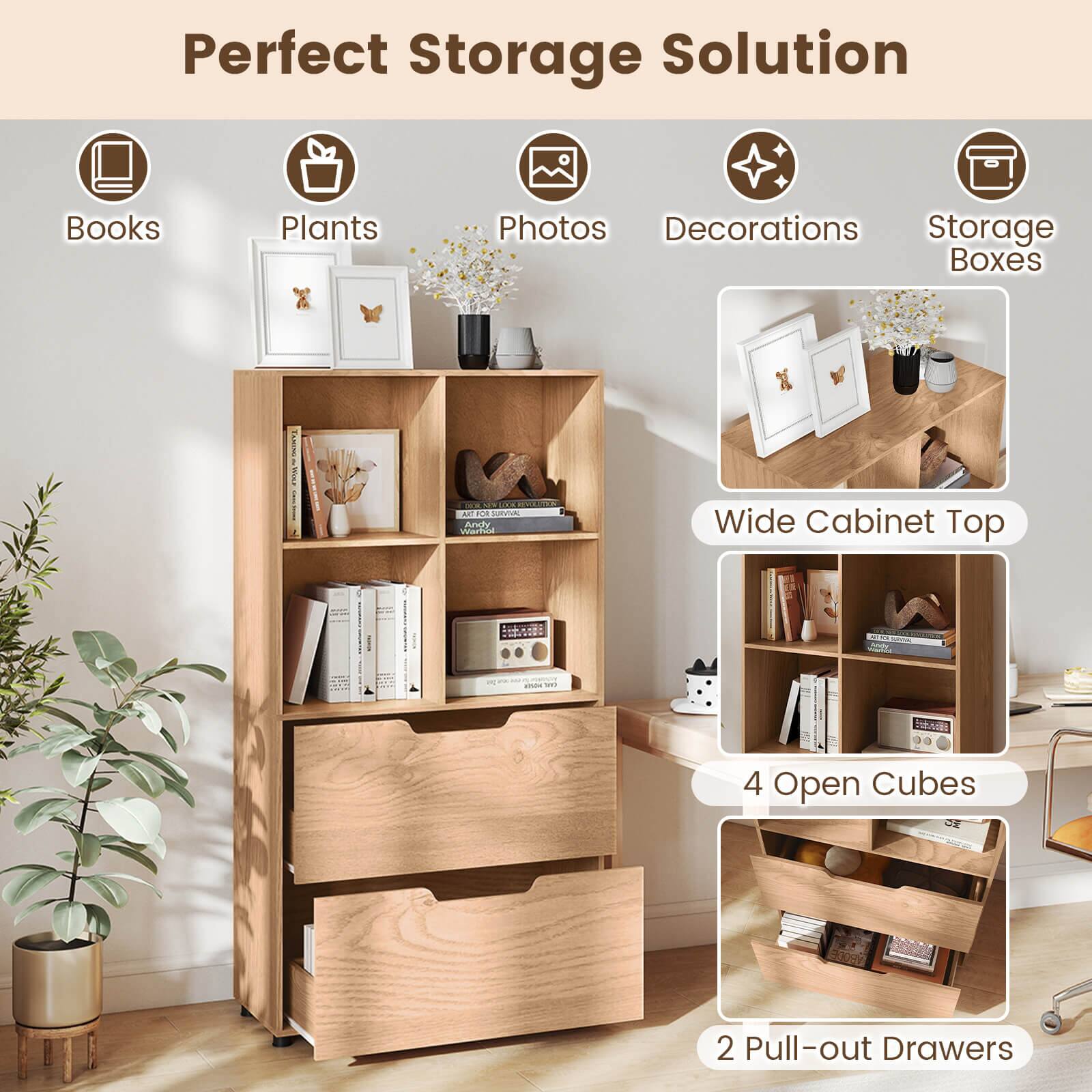 Perfect Storage Solution

Books  
Plants  
Photos  
Decorations  
Storage Boxes  

Wide Cabinet Top  
4 Open Cubes  
2 Pull-out Drawers