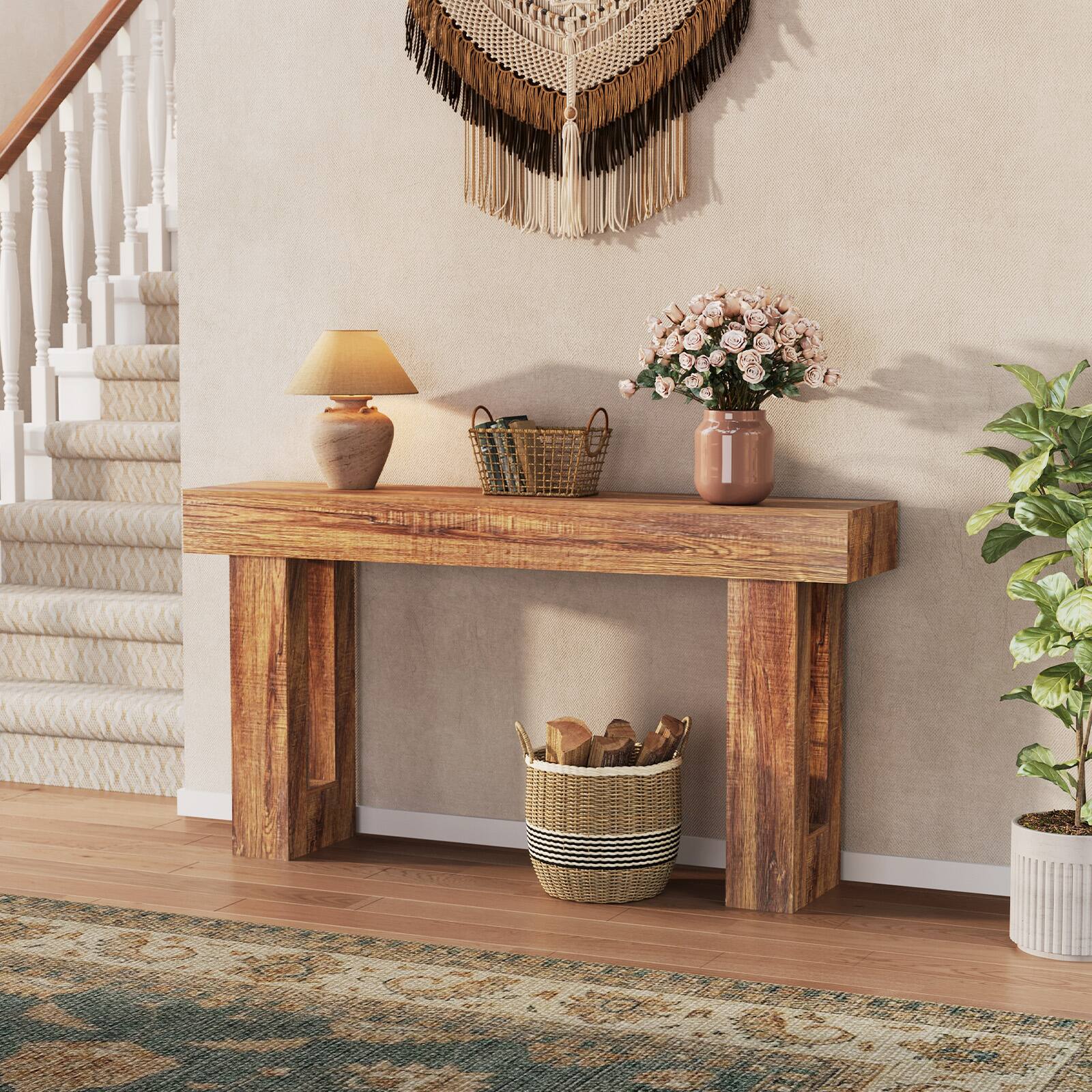 Alt View 3. Acekool - 63" Long Narrow Rectangular Console Table, Farmhouse Wood Entryway Table - Brown.