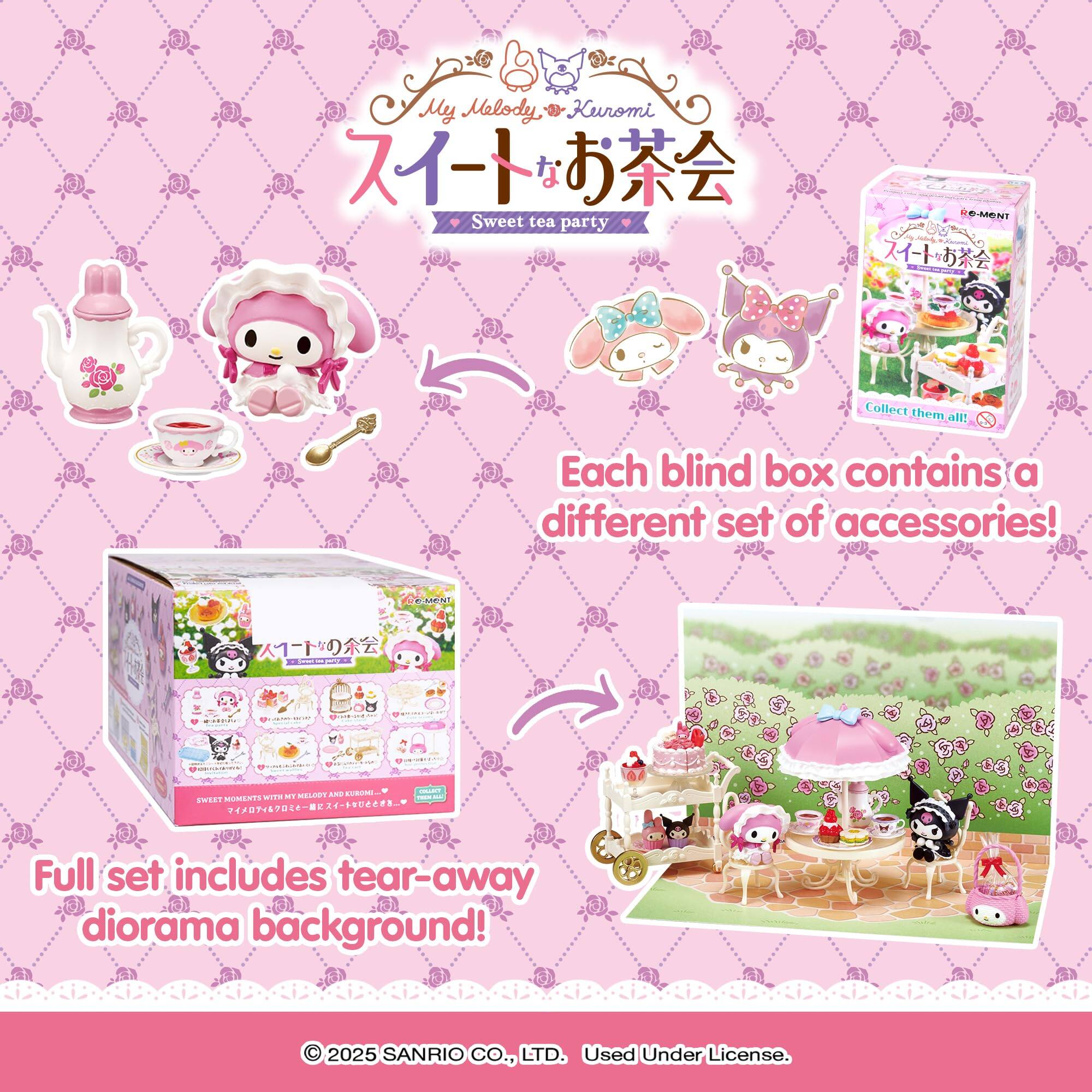 My Melody, Kuromi  
Sweet tea party -MN  
Collect them all!  
Each blind box contains a different set of accessories!  
Full set includes tear-away diorama background!  
© 2025 SANRIO CO., LTD. Used Under License.