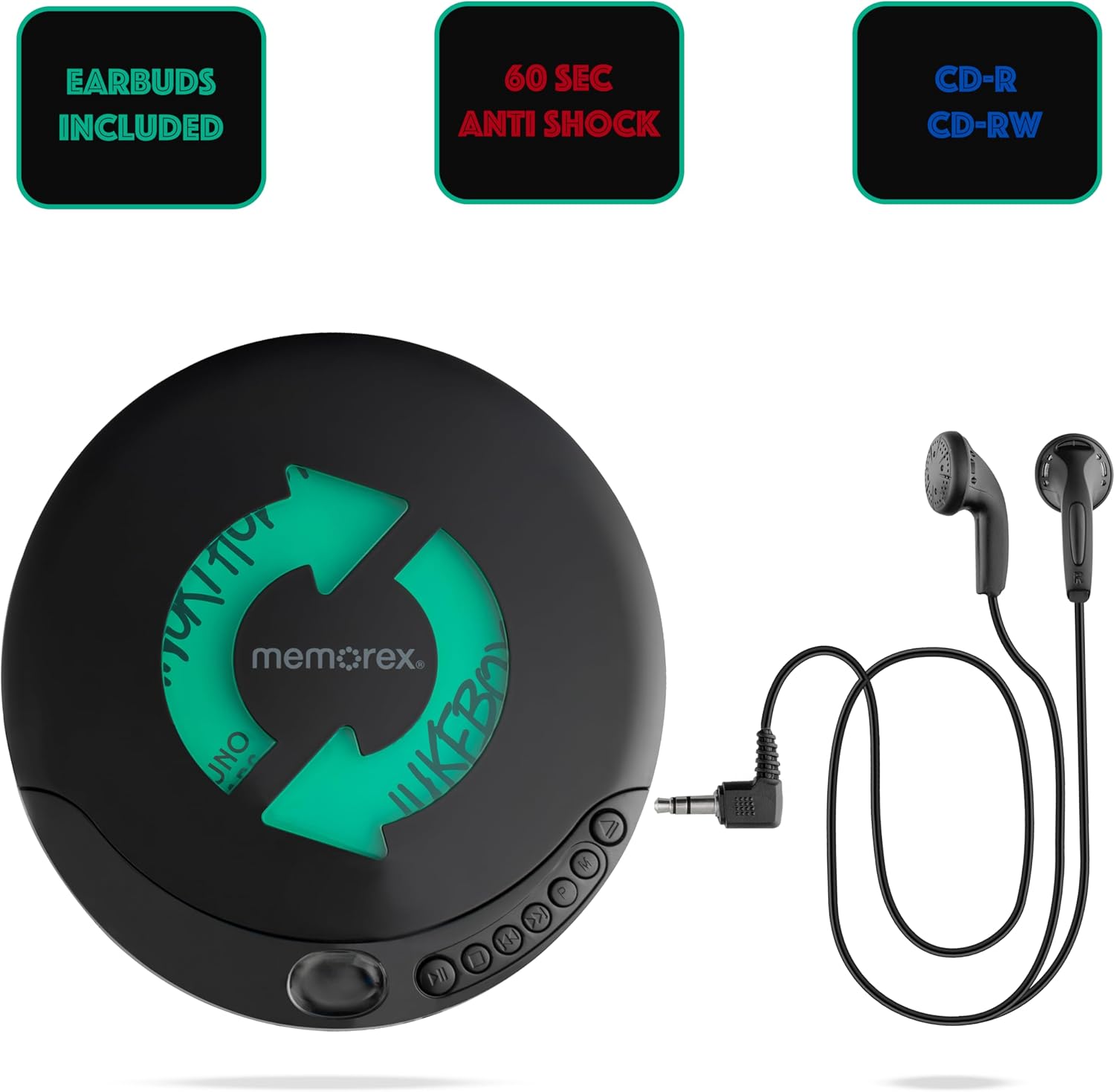 - EARBUDS INCLUDED
- 60 SEC ANTI SHOCK
- CD-R CD-RW
- memorex
- UNO
- UKERB