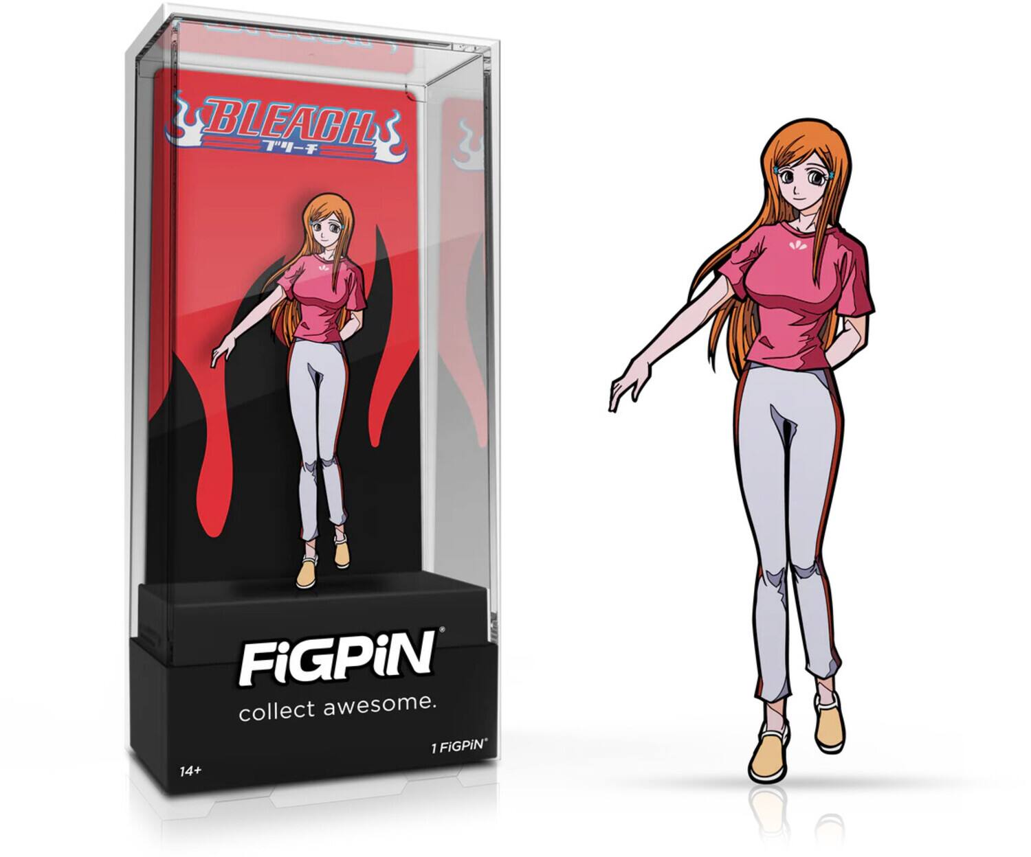 The text on the image is:

"BLEACH
FiGPiN collect awesome.
1 FIGPIN 14+"

Corrected and grouped text:

"BLEACH
FiGPiN collect awesome.
1 FIGPIN 14+"