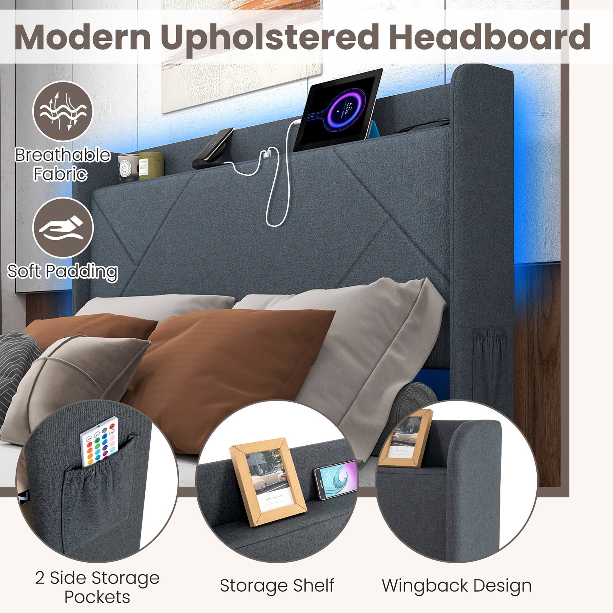 Modern Upholstered Headboard

- Breathable Fabric
- Soft Padding
- 2 Side Storage Pockets
- Storage Shelf
- Wingback Design