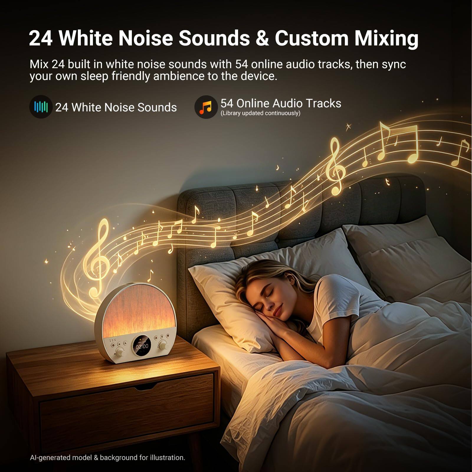 24 White Noise Sounds & Custom Mixing

Mix 24 built-in white noise sounds with 54 online audio tracks, then sync your own sleep-friendly ambience to the device.

24 White Noise Sounds
54 Online Audio Tracks (Library updated continuously)

02:00

AI-generated model & background for illustration.