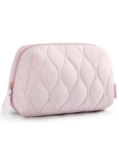 Front. ESBANY - Makeup Bag, Travel Cosmetic Bag, Puffy Padded Make Up Bag for Women, Makeup Organizer Case, Wide-open Pouch Purse, - A-Pink.
