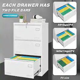 Loheer - 3 Drawer Lateral File Cabinet White Locking Metal Office Storage