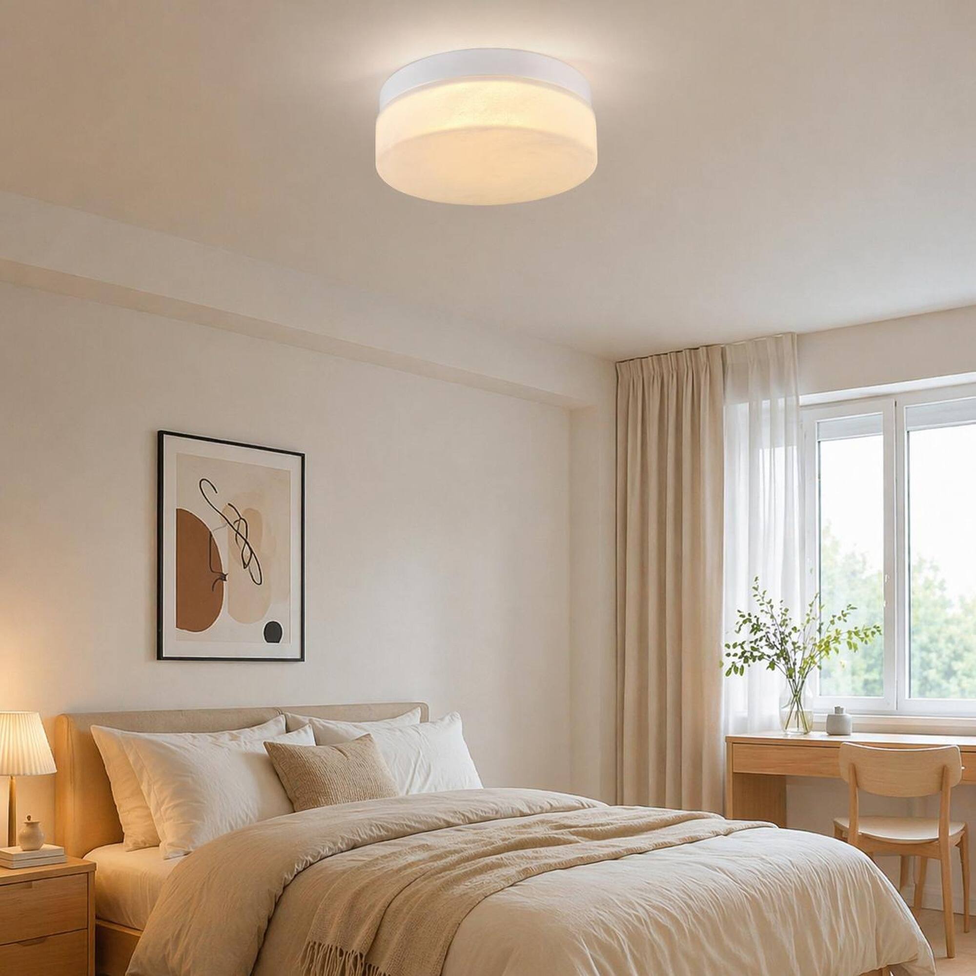 Left. RYHNUYNE - 12 Inch 24W Round LED Flush Mount Ceiling Light, Low Profile Slim White Fixture for Bedroom, Living Room, Dining Room.