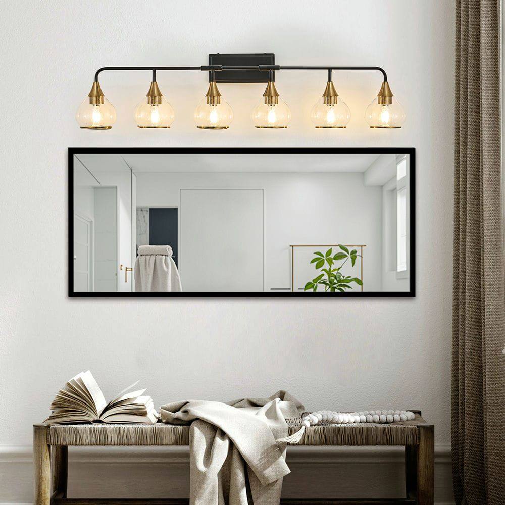 Alt View 4. Kadyn - 48" Modern 6-Light Vanity Wall Sconce - Black and Gold Bathroom Light Fixture with Clear Glass Shades, Black Gold - Gold.