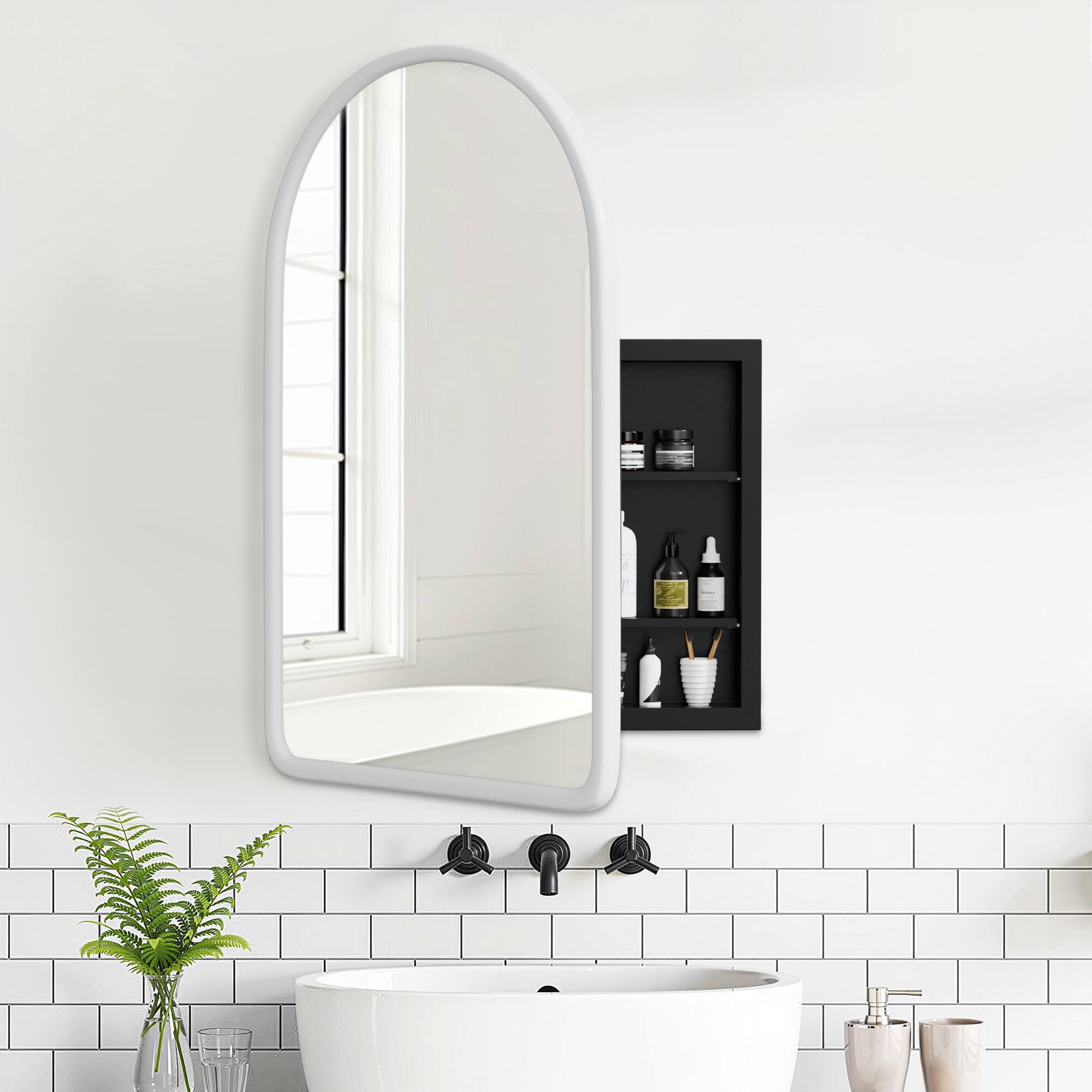 Left. Lirago - Lirago Arch White Wooden Recessed Medicine Cabinet with Mirror Adjustable Shelves Shatterproof Glass - White.