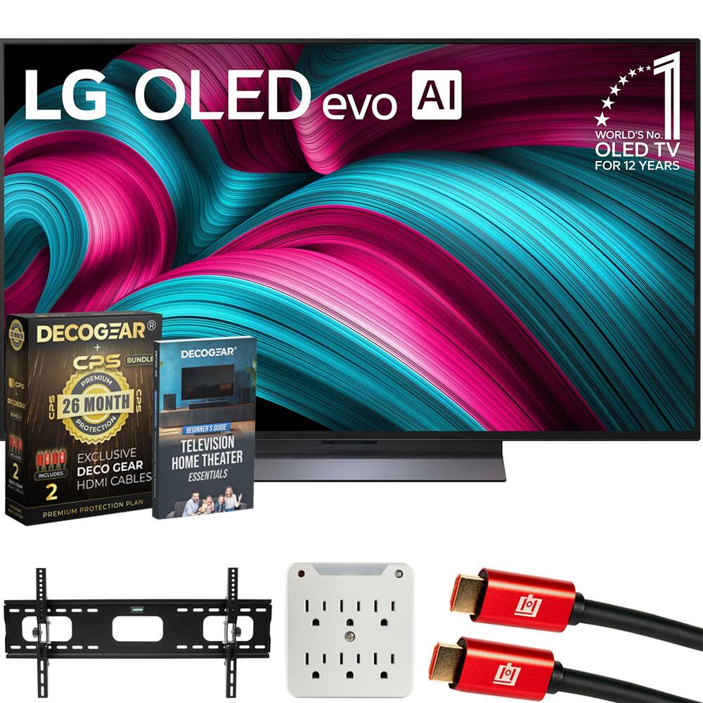 LG OLED evo AI  
WORLD'S No. 1 OLED TV FOR 12 YEARS  

DECOGEAR CPS BUNDLE  
- 26 MONTH CPS PROTECTION  
- EXCLUSIVE DECO GEAR  
- HOME THEATER ESSENTIALS  
- HDMI CABLES  

DECOSTAR  
BEGINNERS GUIDE  
TELEVISION HOME THEATER ESSENTIALS