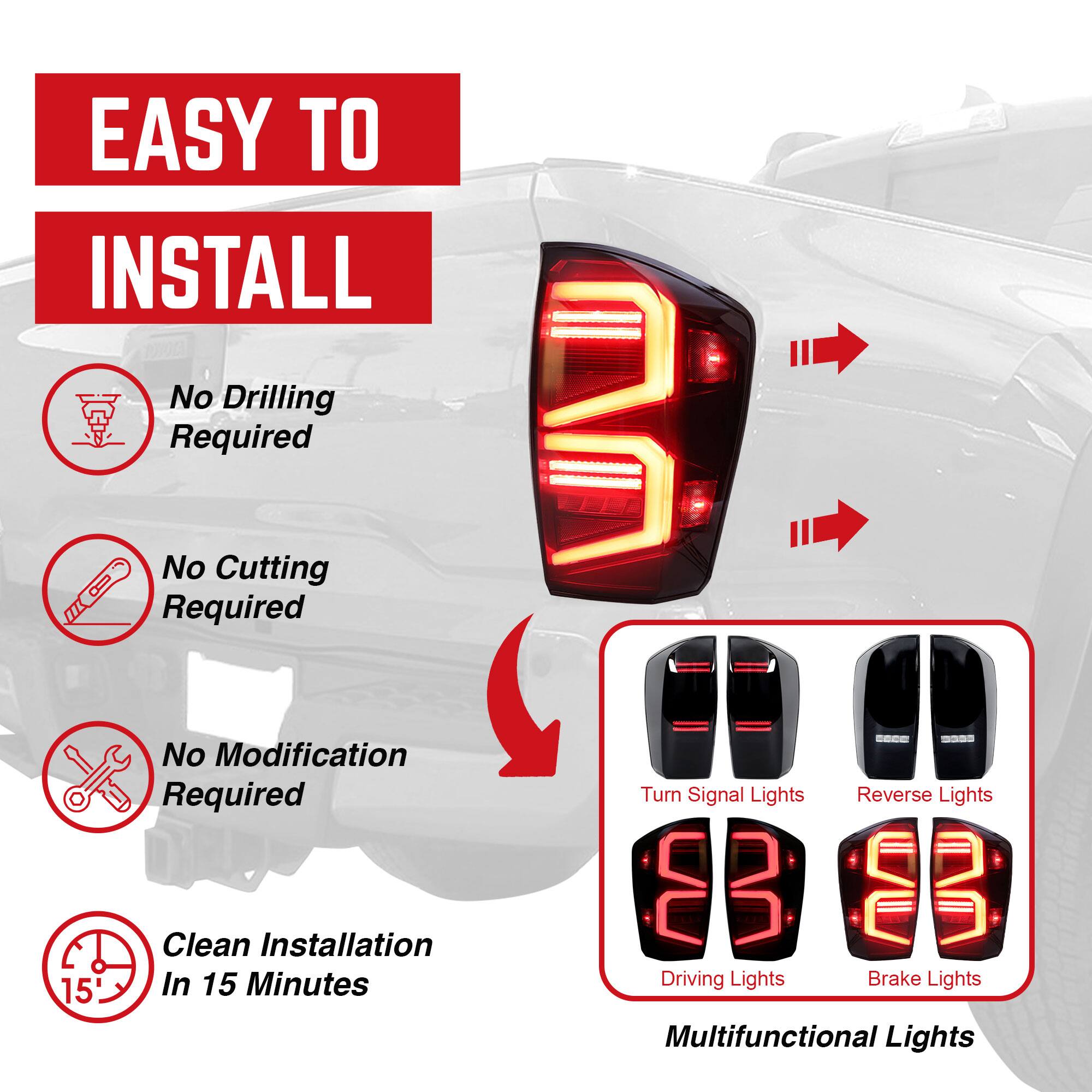 EASY TO INSTALL

- No Drilling Required
- No Cutting Required
- No Modification Required
- Clean Installation In 15 Minutes

Multifunctional Lights

- Turn Signal Lights
- Reverse Lights
- Driving Lights
- Brake Lights