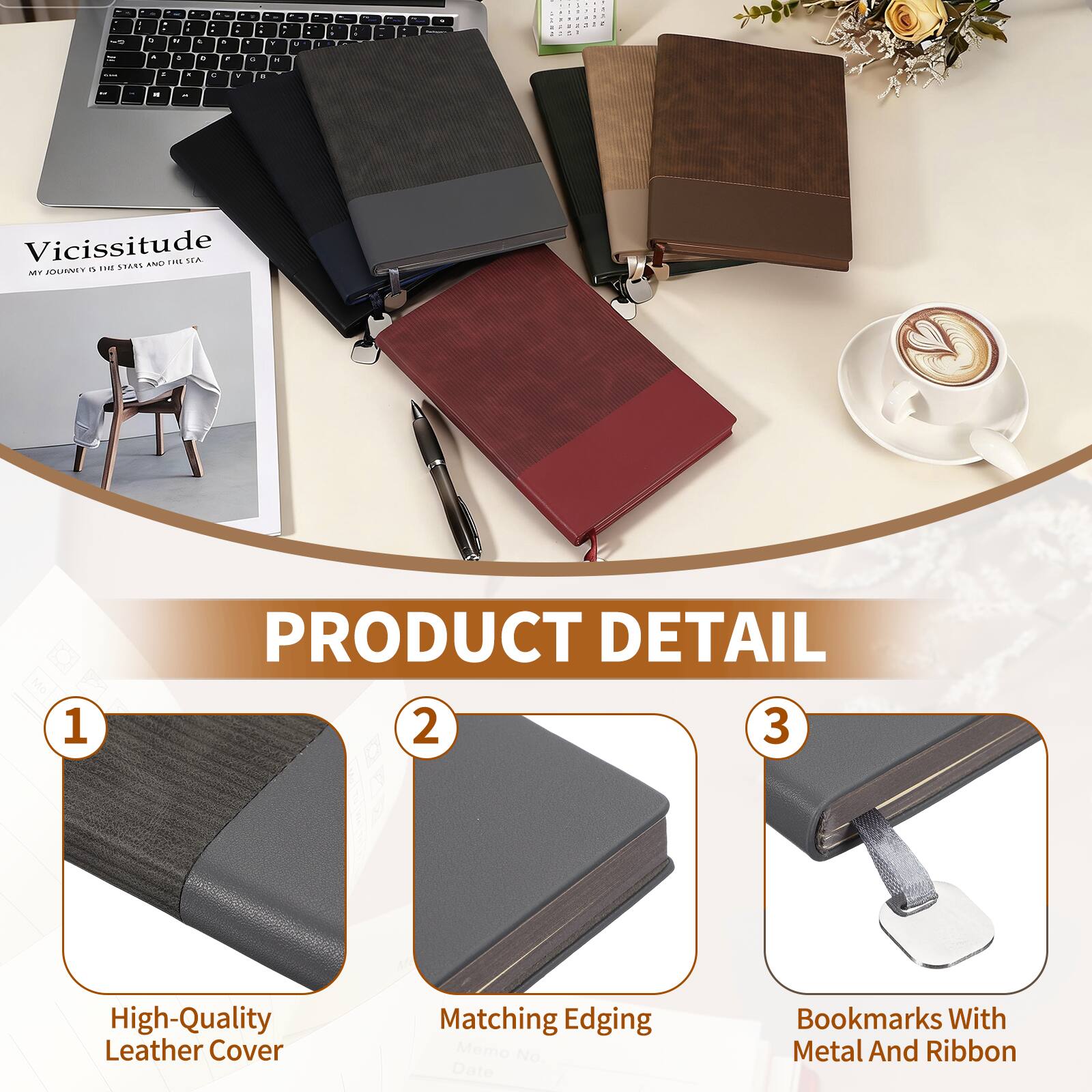 Vicissitude P  
SEANS N VOLZANEY  
TN MT Mo  
1 PRODUCT DETAIL  
2 3 High-Quality Leather Cover Matching Edging Memo No. Date Bookmarks With Metal And Ribbon