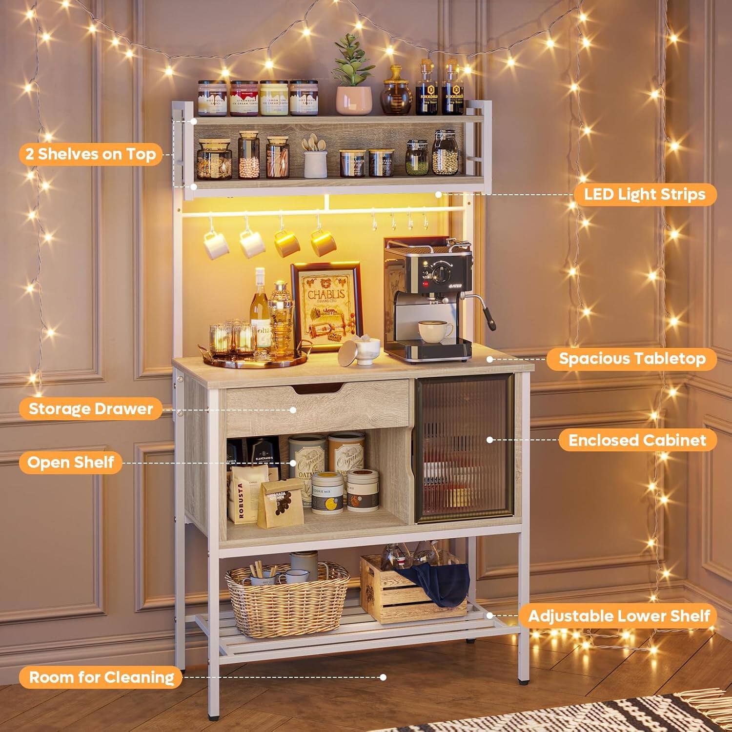 - 2 Shelves on Top
- LED Light Strips
- Spacious Tabletop
- Enclosed Cabinet
- Adjustable Lower Shelf
- Room for Cleaning
- Storage Drawer
- Open Shelf