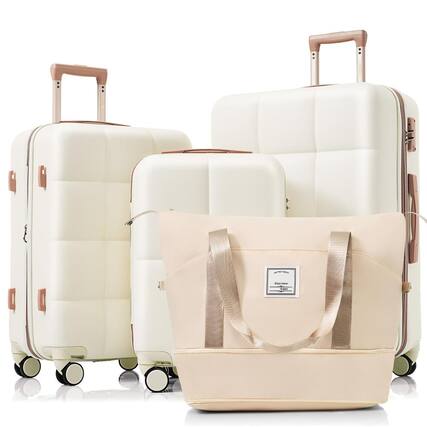 Front. BreeBe - 4-Piece Luggage Set 20" with USB Port, Expandable ABS Hard Shell Suitcases, Spinner Wheels, Travel Bag & Cup Holder - Beige+Gold.
