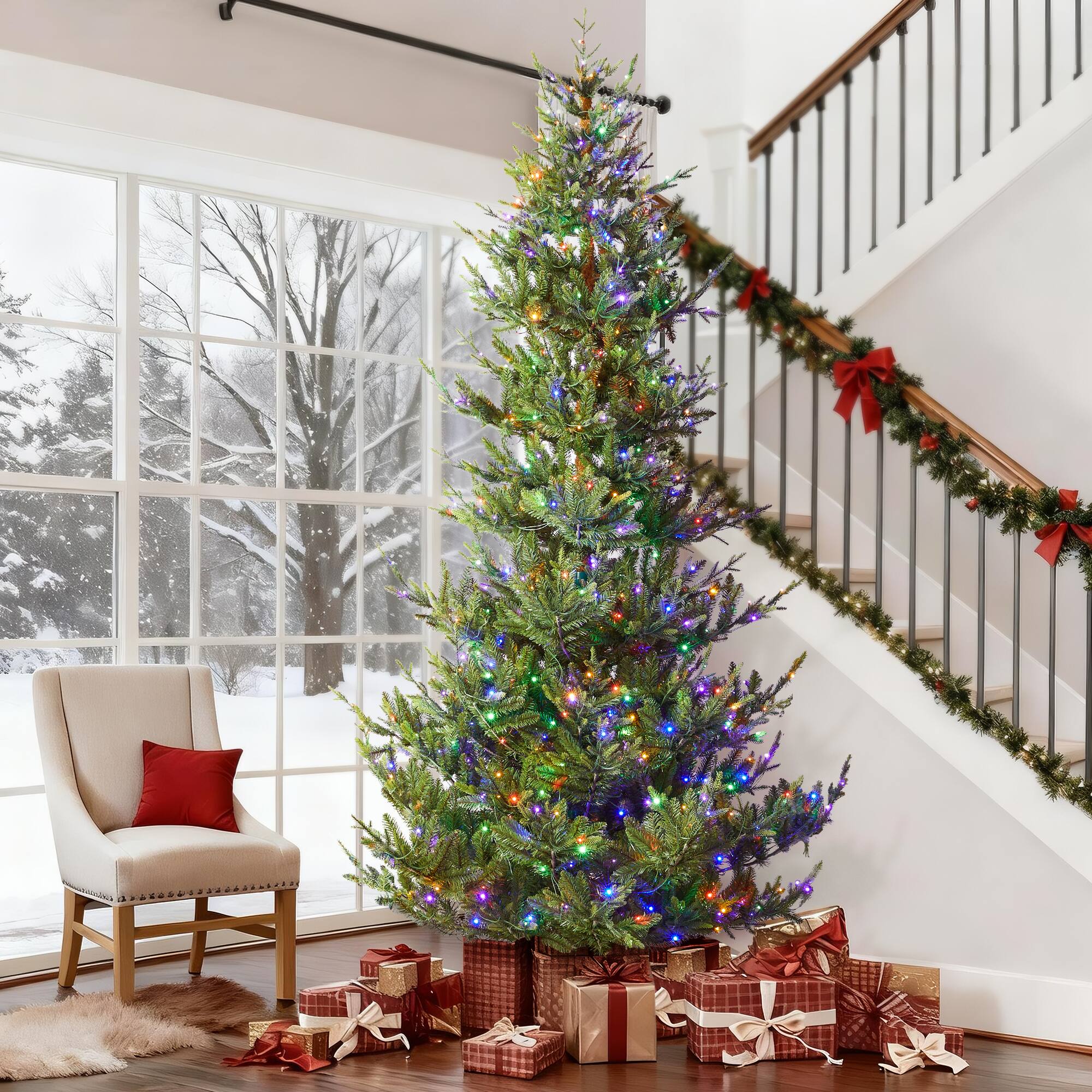 Alt View 9. Glitzhome - 9ft Pre-Lit Green Upward Slim Fir Artificial Christmas Tree with 700 Warm White and Multi-color Lights - Green.