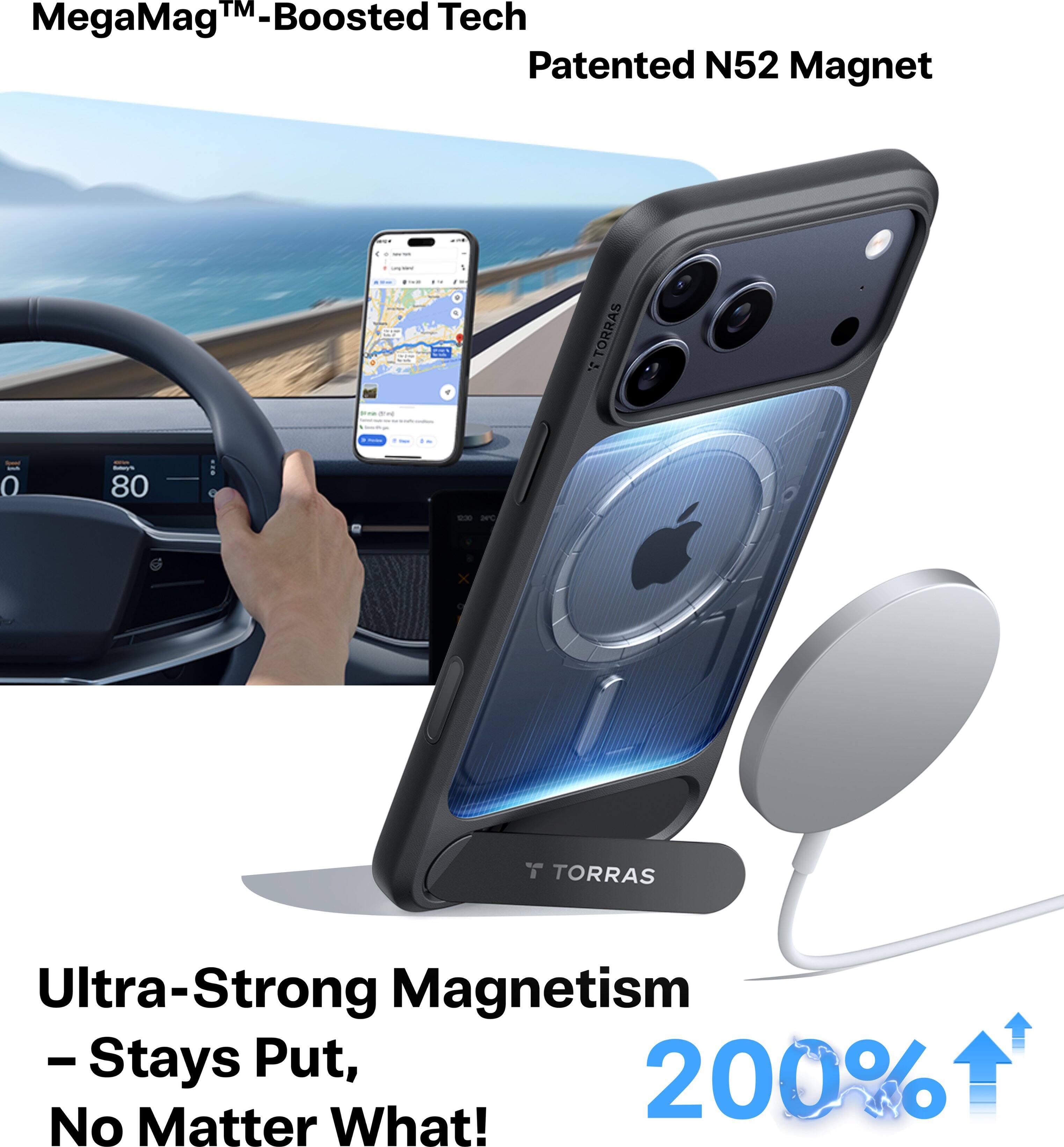 MegaMag™-Boosted Tech  
Patented N52 Magnet  

Ultra-Strong Magnetism  
- Stays Put, No Matter What!  

200%