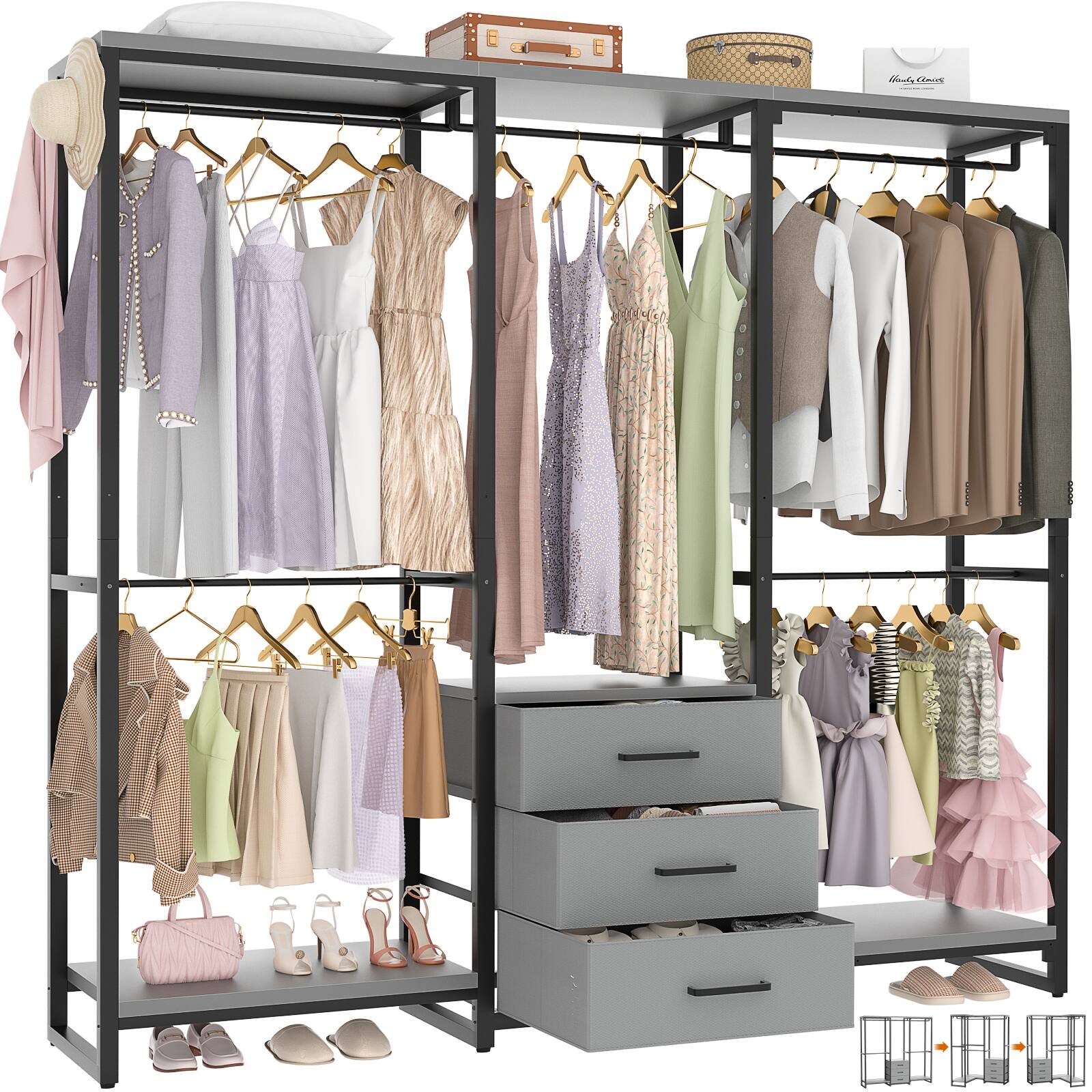 Alt View 1. Aheaplus - Sturdy Metal Garment Rack with 3 Fabric Drawers, Wall Mounted Clothing Rack with 5 Hanging Rods & Storage Shelves - Gray.