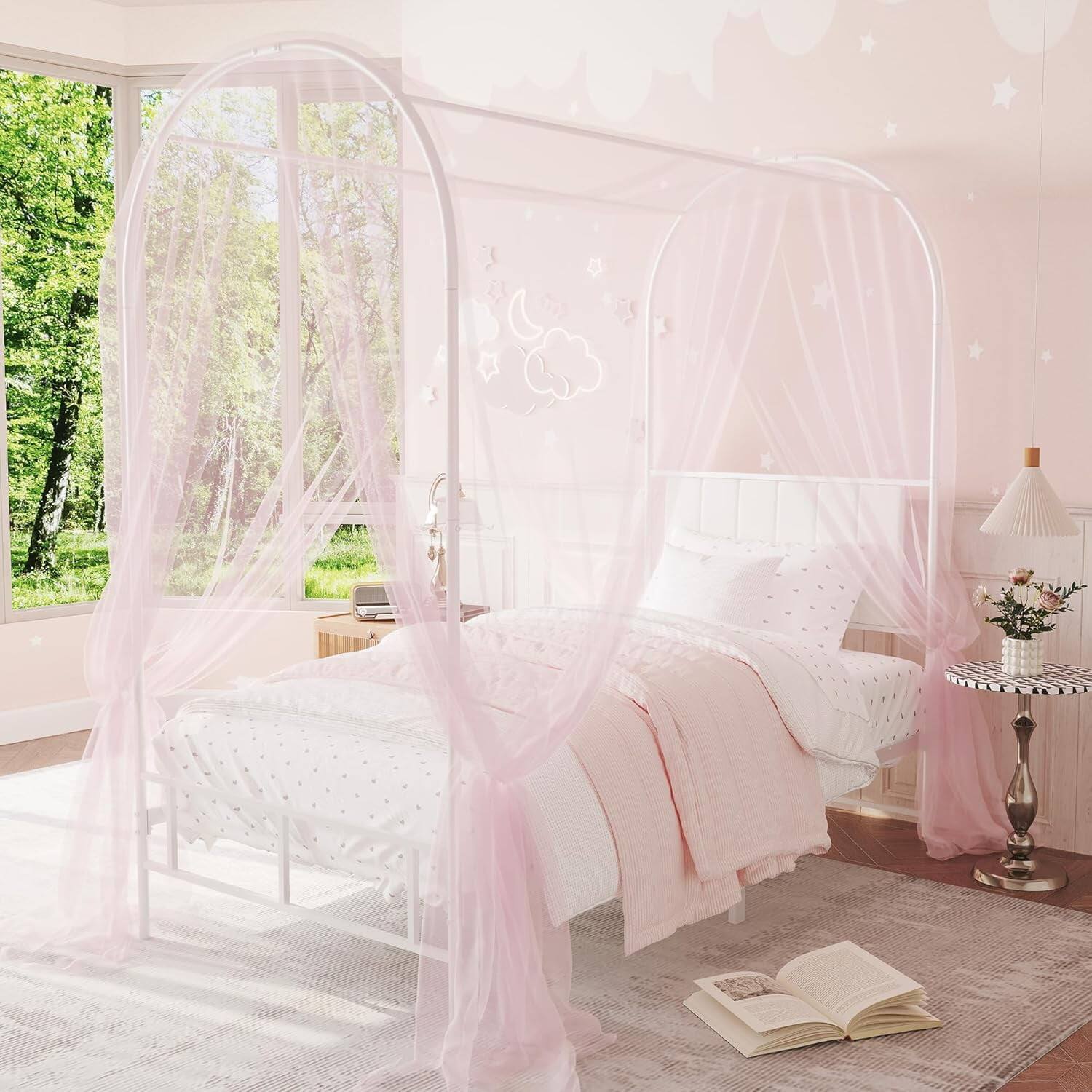 Left. GARVEE - Twin Canopy Bed with Upholstered Headboard, White – Charming Twin Canopy Bed with Upholstered Headboard & Classic White - White.