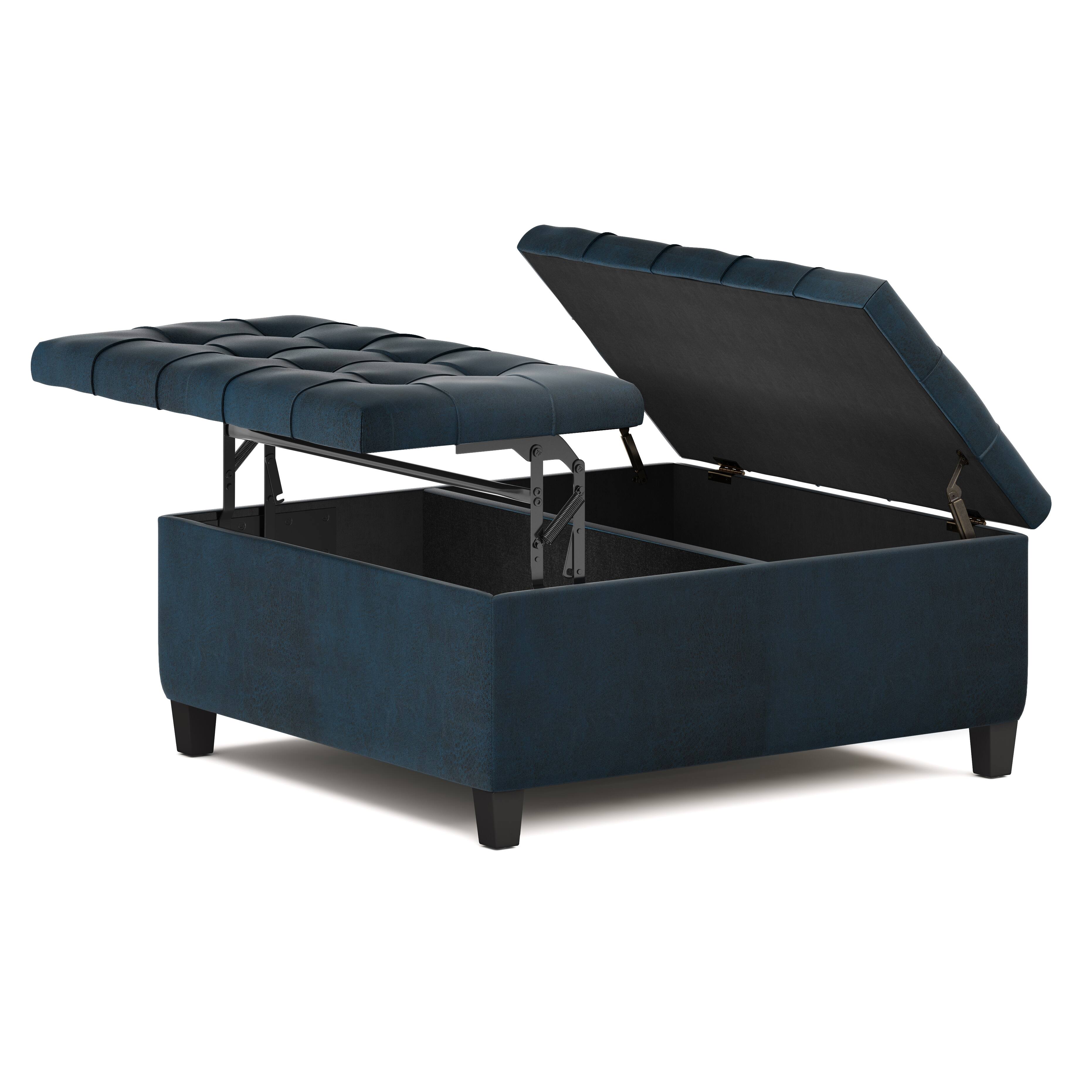 Alt View 11. Simpli Home - Harrison 36 inch Wide Transitional Square Coffee Table Storage Ottoman in Distressed Dark Blue Faux Leather - Distressed Dark Blue.