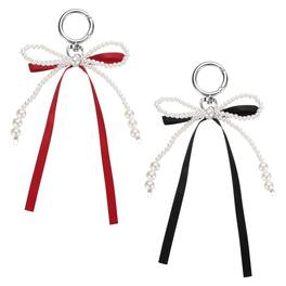 Unique Bargains - Pearl Bow Keychain 15mm Y2K Aesthetic Pearl Bowknot Ribbon Keyring, Cute Bag Charm for Tote Bags Purse - Black, Wine Red