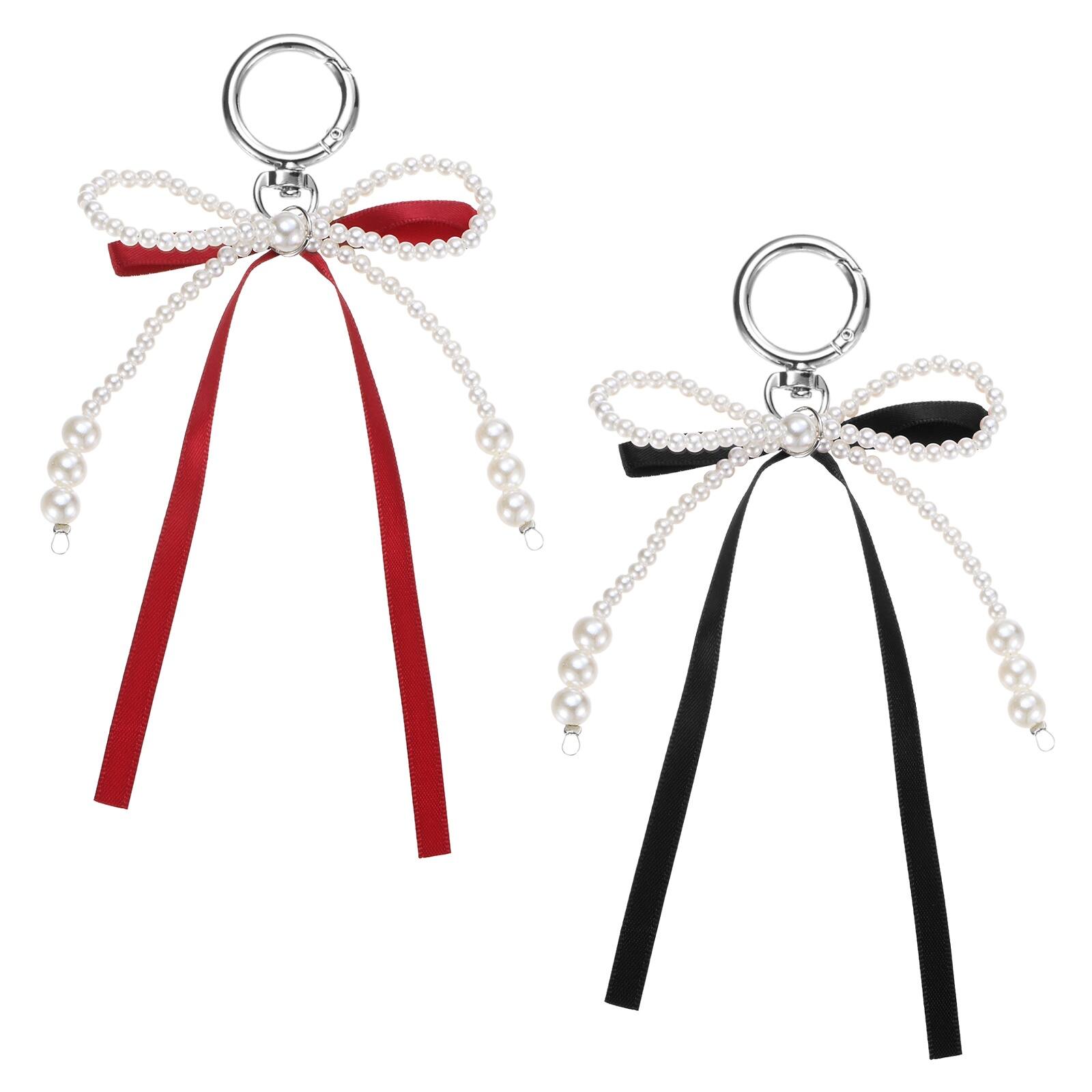 Front. Unique Bargains - Pearl Bow Keychain 15mm Y2K Aesthetic Pearl Bowknot Ribbon Keyring, Cute Bag Charm for Tote Bags Purse - Black, Wine Red.