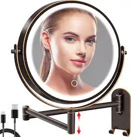 Stamp n Camp - 8" Wall Mounted Lighted Makeup Mirror, 3000mAh Rechargeable Double Sided 1X/10X Magnifying Mirror with Hook - Antique Bronze-round