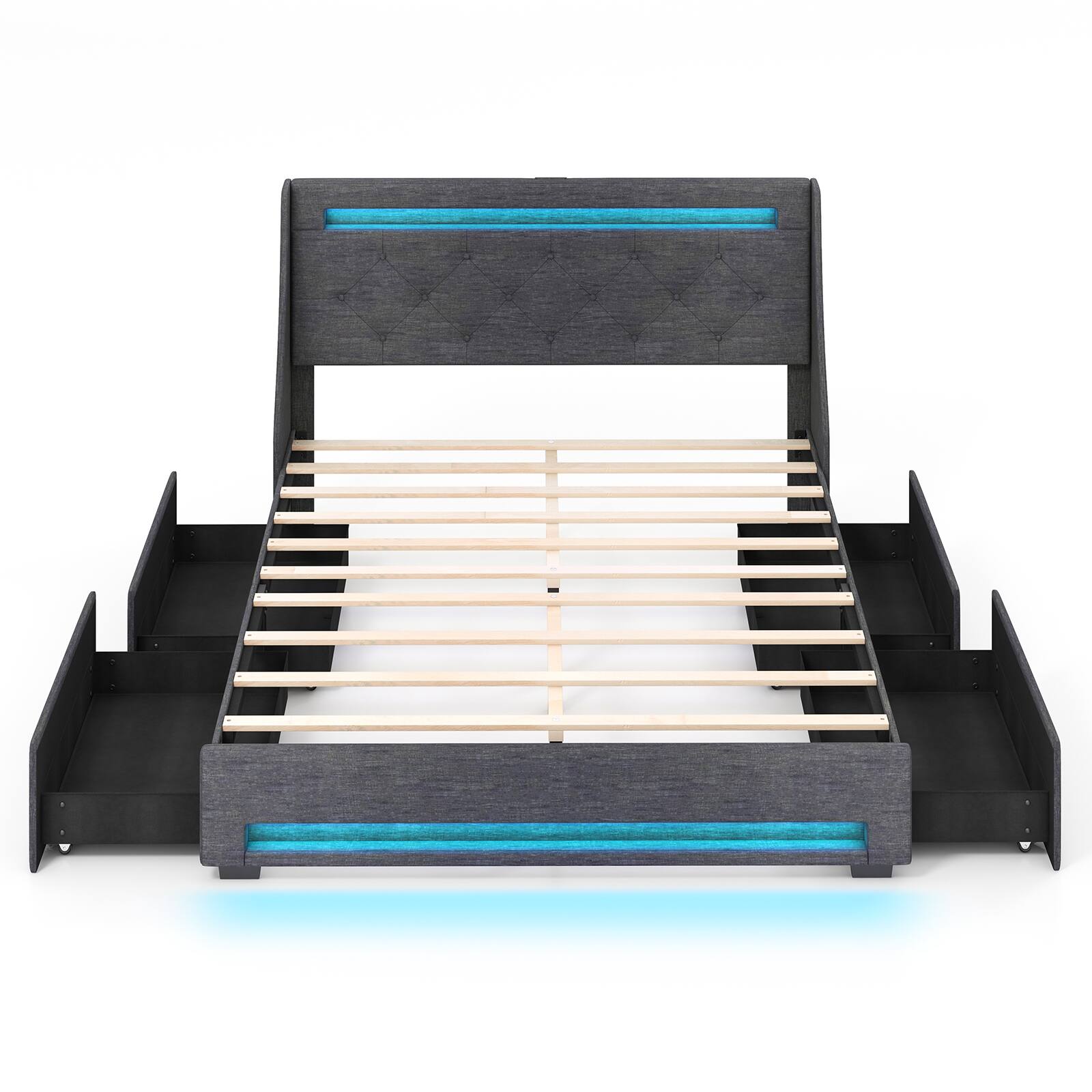 Alt View 4. LUCKY ONE - Queen Assembled Upholstered Platform Bed Frame with LED Lights Charging Station Wingback Headboard - Grey.