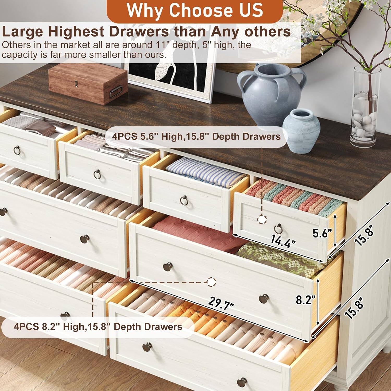 Why Choose US

Large Highest Drawers than Any others

Others in the market all are around 11" depth, 5" high, the capacity is far more smaller than ours.

4PCS 5.6" High, 15.8" Depth Drawers

4PCS 8.2" High, 15.8" Depth Drawers