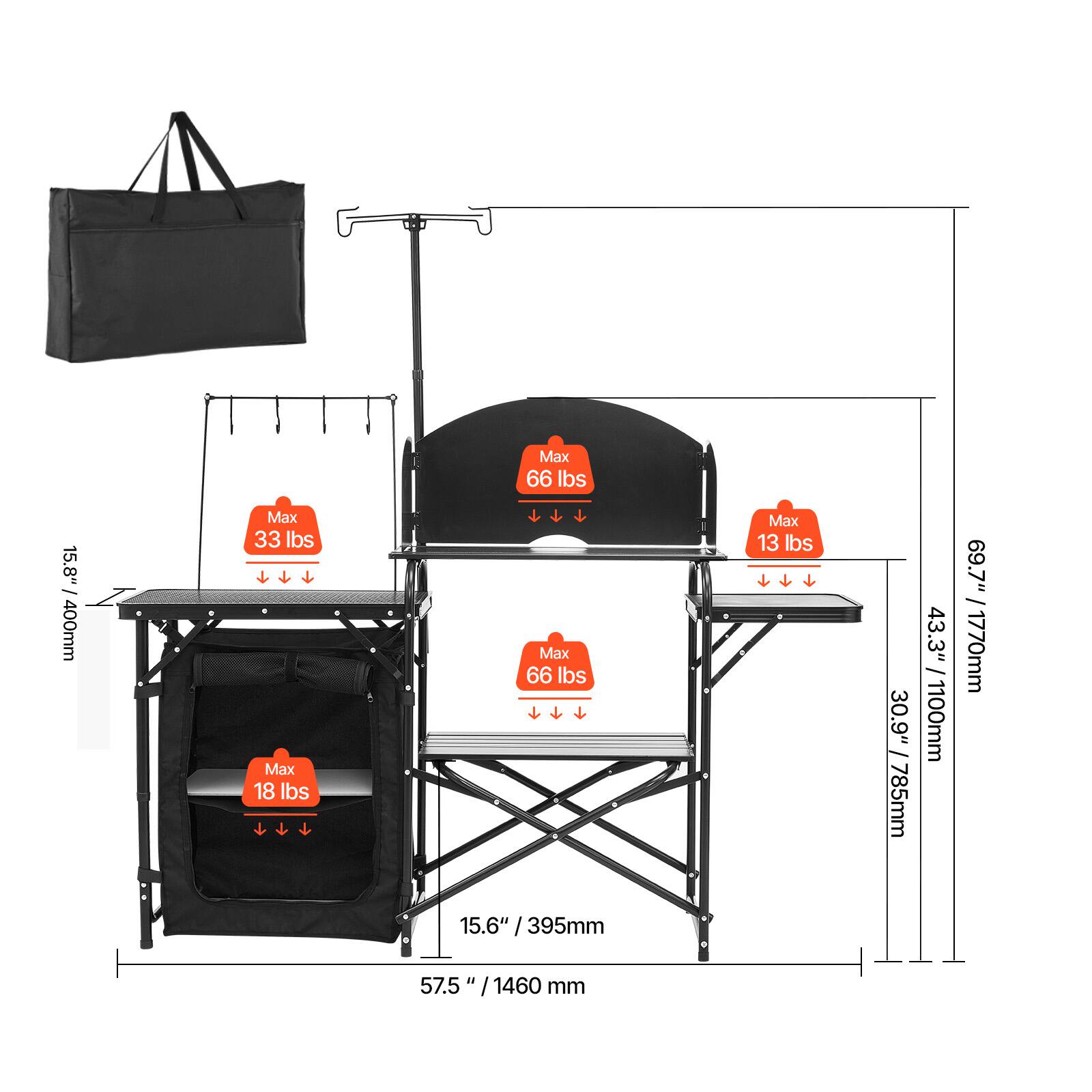Max 66 lbs, Max 33 lbs, Max 18 lbs, Max 66 lbs, Max 13 lbs, 30.9" / 785mm, 43.3" I /1100mm, 69.7" / 1770mm, 15.6" / 395mm, 57.5 " /1460 mm