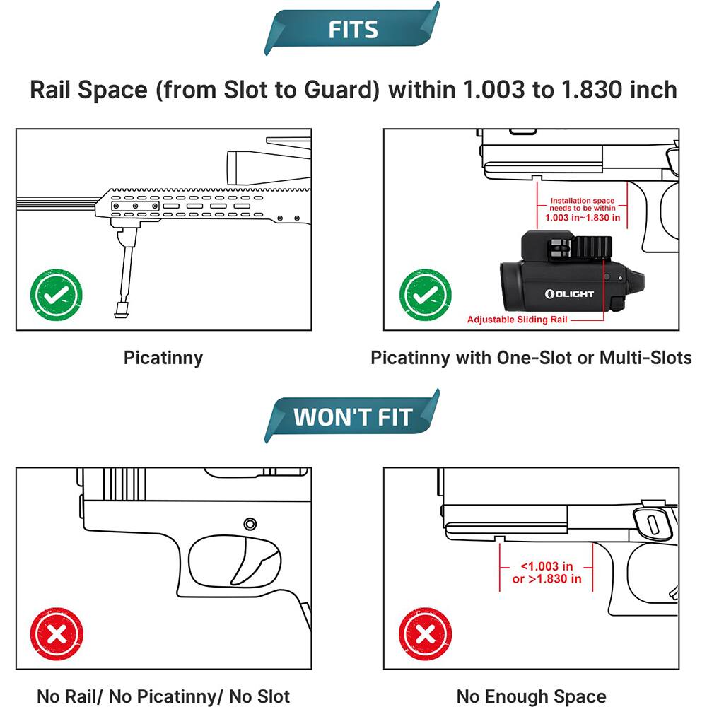 FITS Rail Space (from Slot to Guard) within 1.003 to 1.830 inch

- Picatinny
- Picatinny with One-Slot or Multi-Slots

WON'T FIT
- No Rail/ No Picatinny/ No Slot
- No Enough Space

Installation space needs to be within 1.003 in-1.830 in

Adjustable Sliding Rail Picatinny

OOLIGHT

<1.003 in or >1.830 in