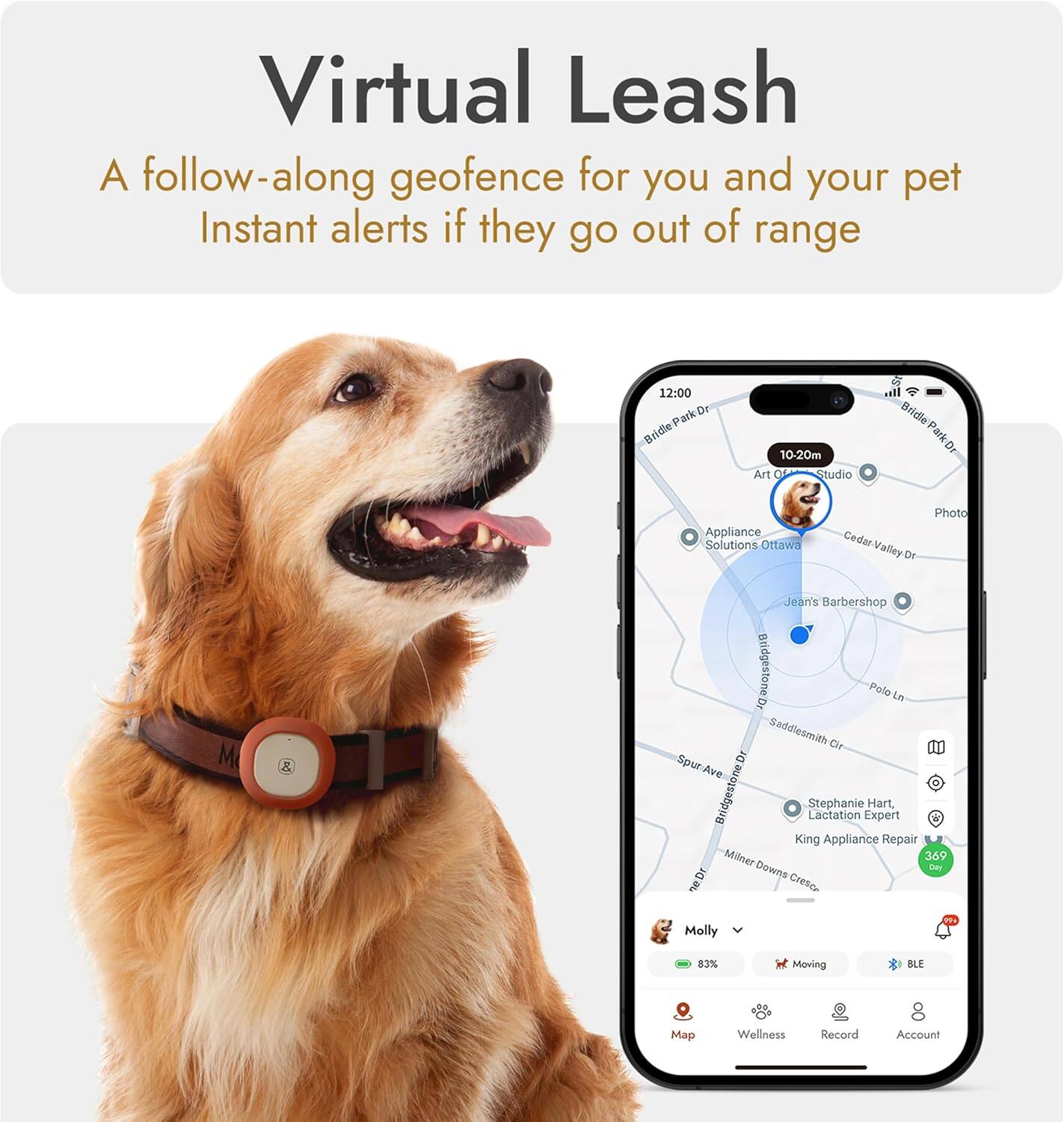 Virtual Leash  
A follow-along geofence for you and your pet  
Instant alerts if they go out of range  

12:00  
Park Bridle Bride Park Dr  
10-20m  
Art OF Studio  
2 Photo Appliance Solutions Ottawa  
Cedar Valley Dr  
i M Jean's Barbershop  
Bridgestone Polo Le Dr Saddlesmith Or Spur Ave  
Bridgestone Dr  
Stephanie Lactation Expert Hart, King Appliance Repair Milner 369 Downs Crescy  
Molly 83% Moving BLF Map Wellness Record Account
