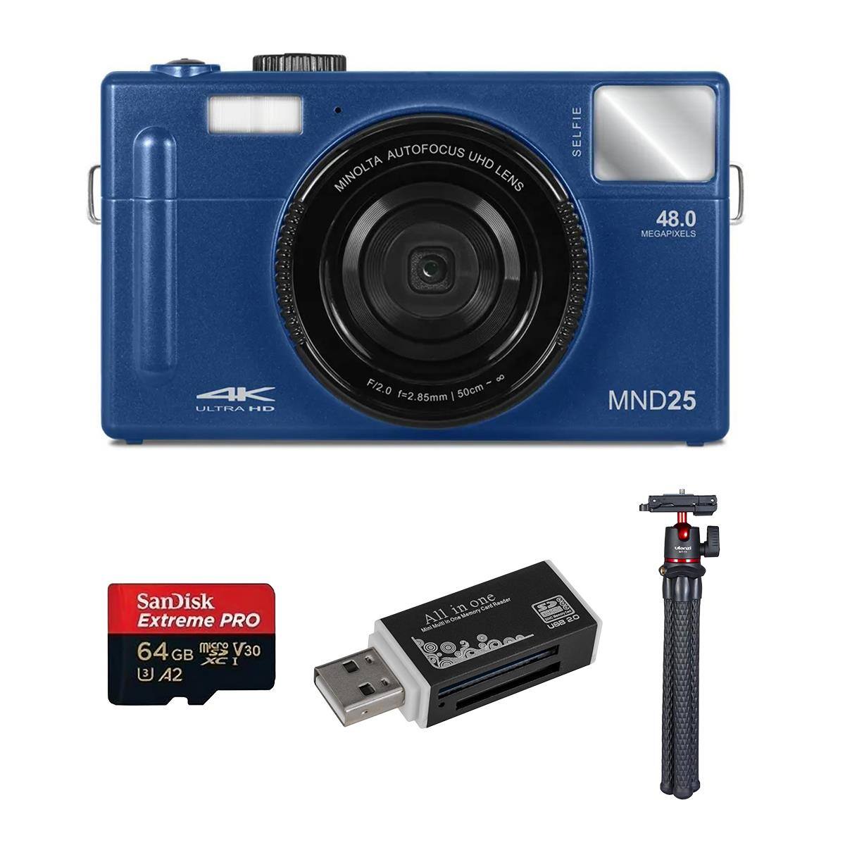 AUTOFOCUS UHD MINOLTA LENS  
SELFIE  
48.0 MEGAPIXELS  
4K ULTRA HD  
F/2.0 f=2.85mm 50cm  
MND25  

And  

SanDisk Extreme PRO 64 GB V30 A2  
in one Card Reader All One blemory Nat Multile  
SBU 20