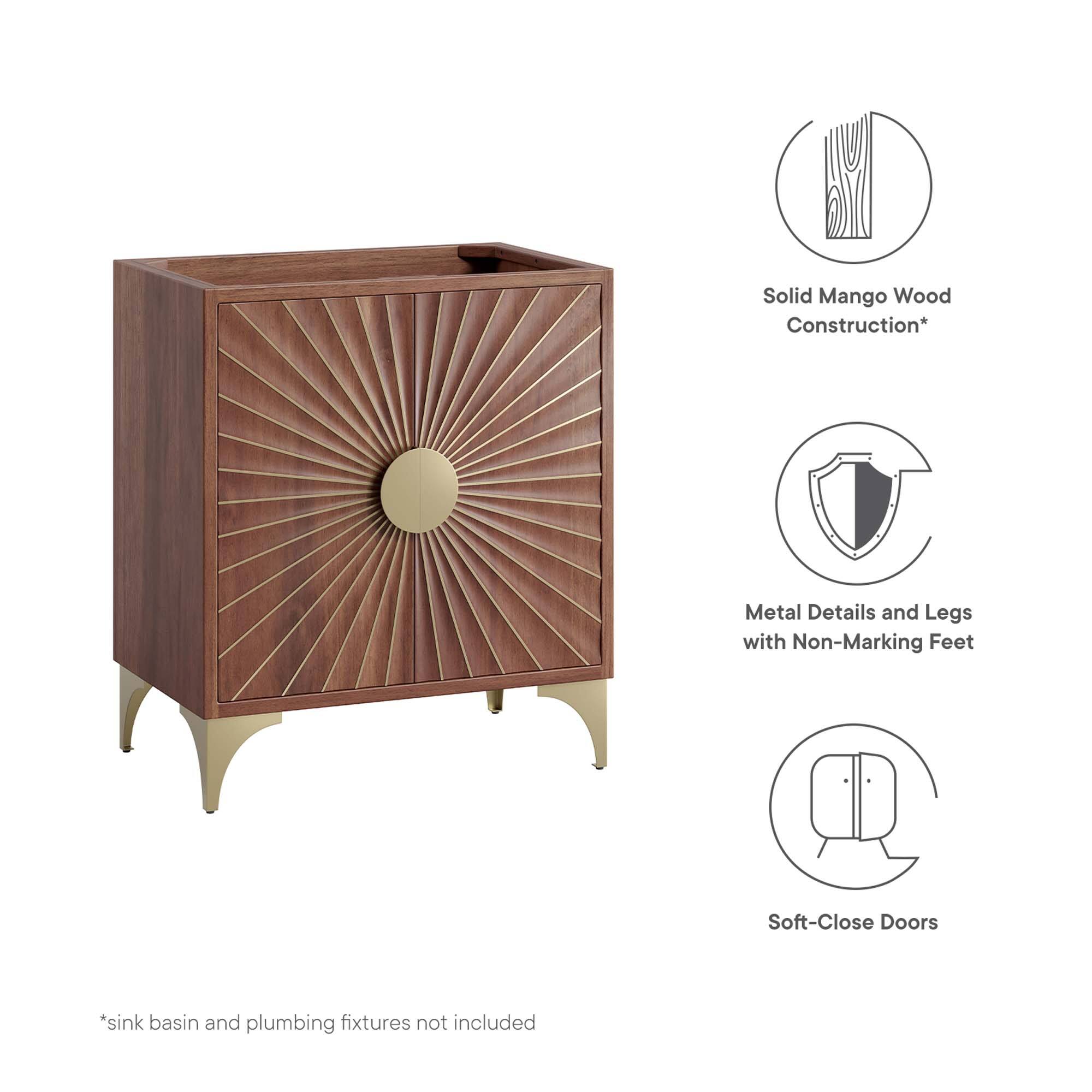 Solid Mango Wood Construction*  
Metal Details and Legs with Non-Marking Feet  
Soft-Close Doors  
*Sink basin and plumbing fixtures not included