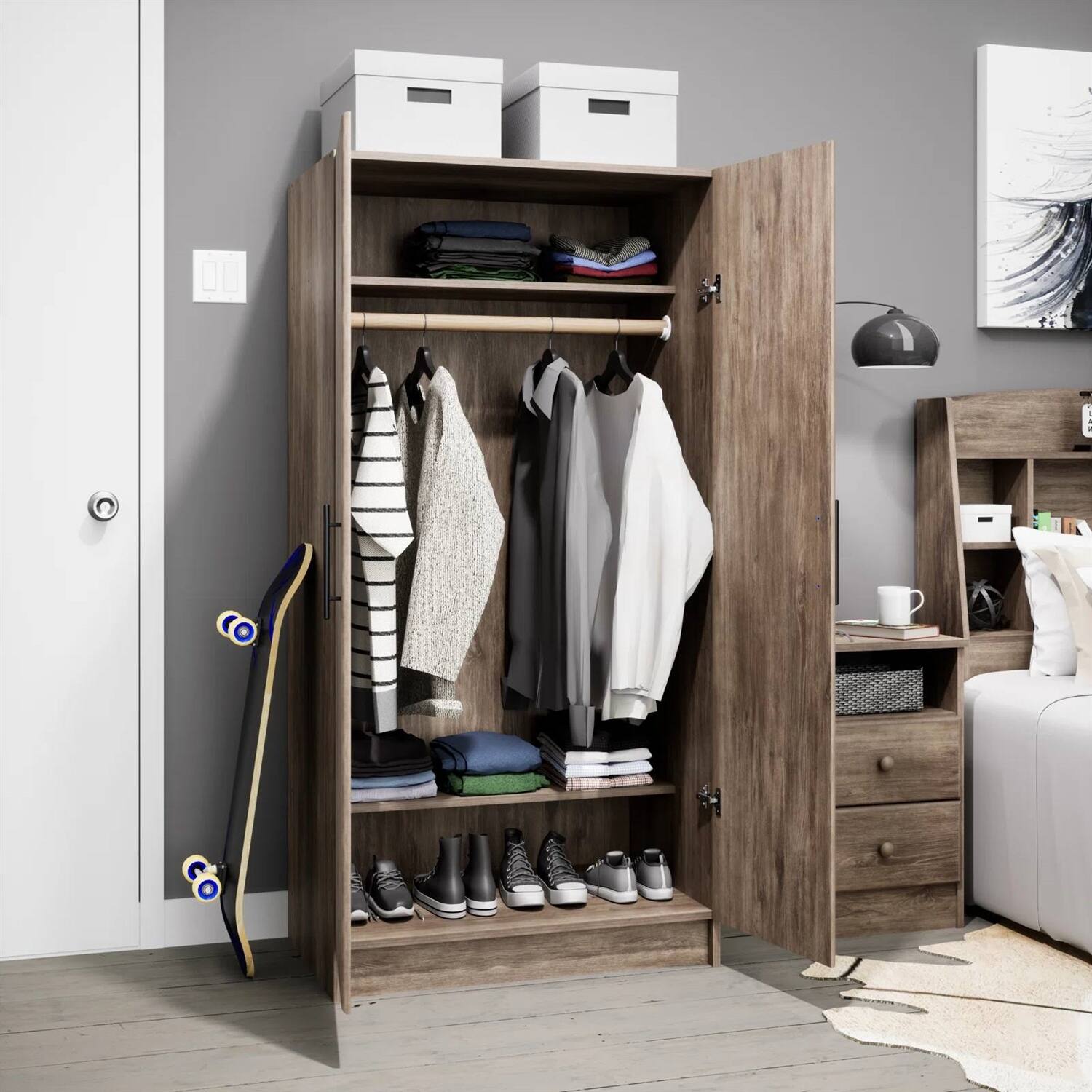 Angle. Hivvago - Bedroom Armoire Wardrobe Cabinet with Hanging Rail in Grey Brown Wood Finish - Grey , Brown.