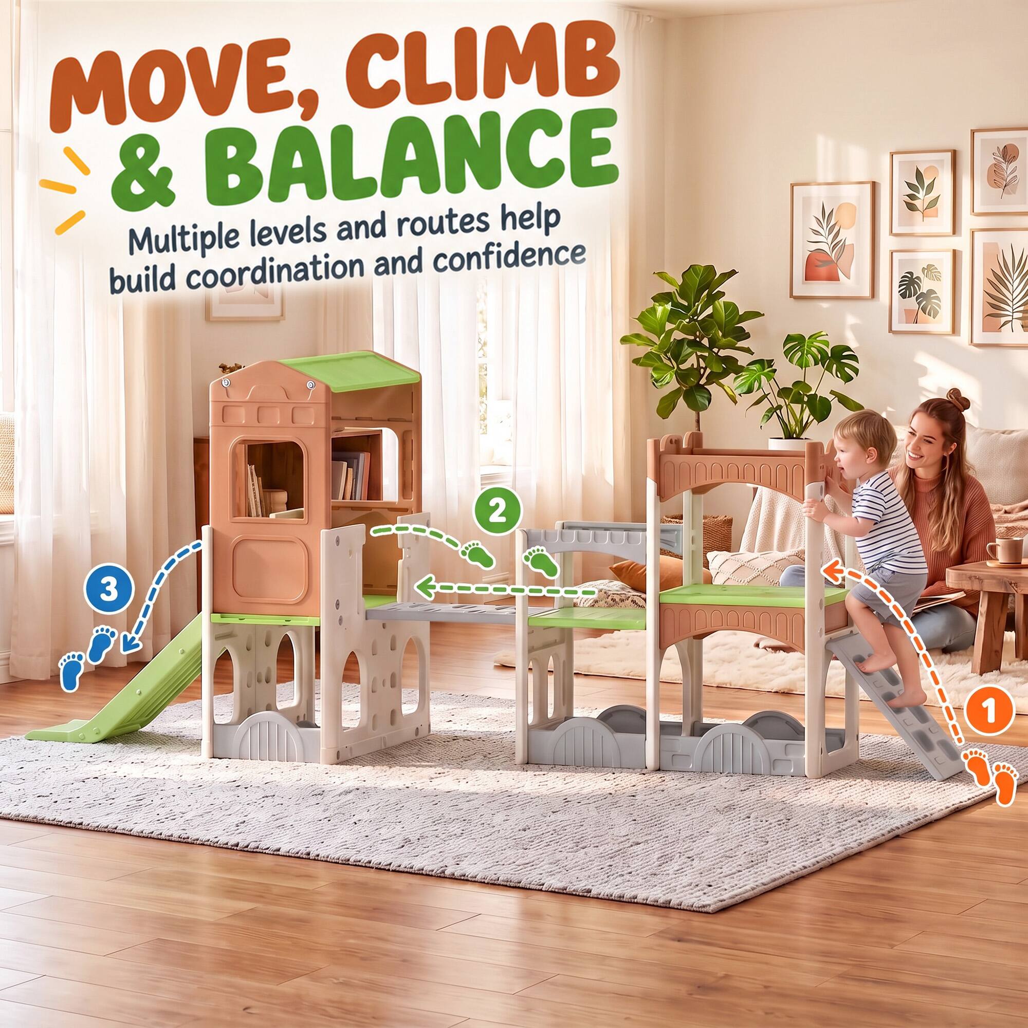 MOVE, CLIMB & BALANCE help levels and routes build coordination and confidence