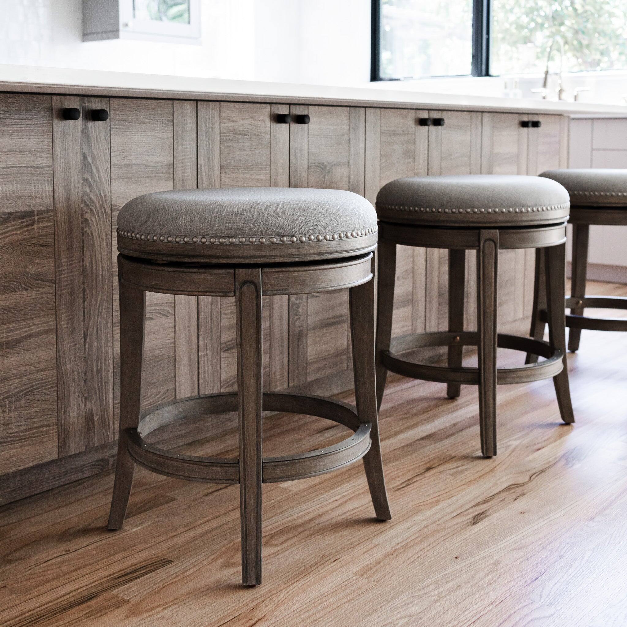 Back. Maven Lane - 26" Alexander Backless Counter Stool in Reclaimed Oak Finish with  Fabric Upholstery - Reclaimed Oak.