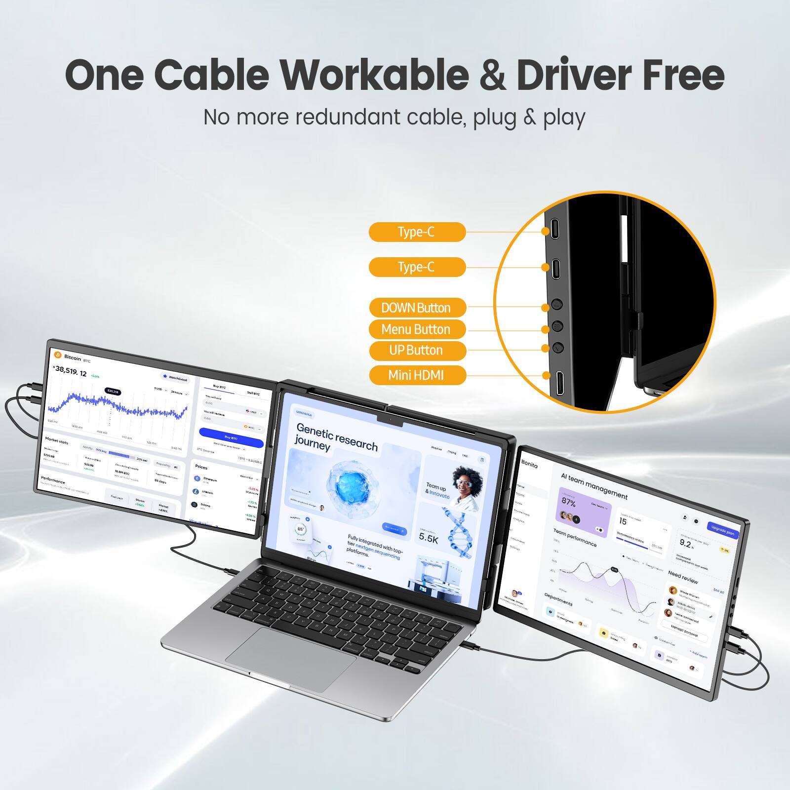 One Cable Workable & Driver Free  
No more redundant cable, plug & play  

Type-C  
Type-C  
DOWN Button  
Menu Button  
UP Button  
Mini HDMI  

Genetic research Journey  
5.5K  
AI team management  
9.2