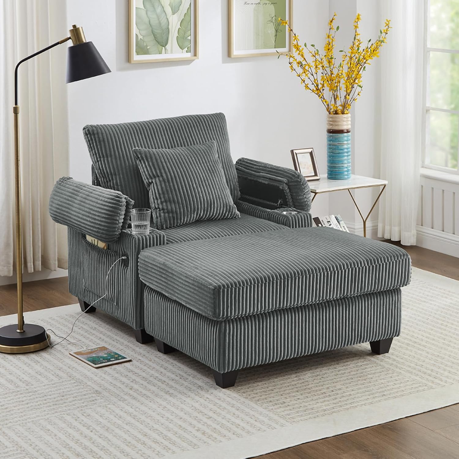 Alt View 7. Trinkets Crazed - Comfy Cloud Corduroy Chaise Lounge Chair with Ottoman, Single Sleeper Sofa with USB Charging & Storage Armrests - Gary.