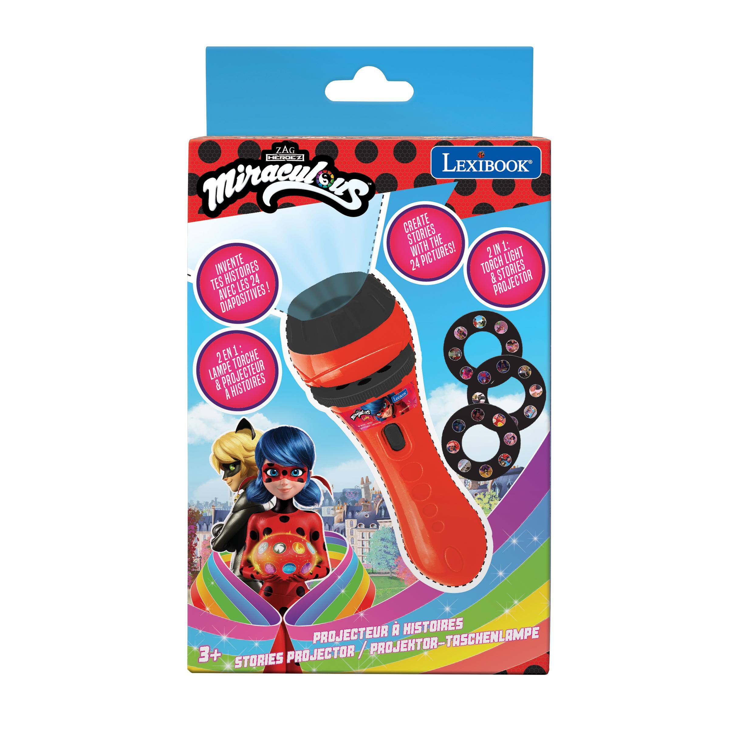 ZAG HEROCL LEXIBOOK Miraculous: CREATE STORIES WITH THE IN 1: PICTURES! 2 LIGHT INVENTE HISTOIRES 24 TORCH STORIES TES 24 & PROJECTOR AVEC LES DIAPOSITIVES! 2 EN1: TORCHE LAMPE & & PROJECTEUR  
PROJECTEUR HISTOIRES 3+ STORIES PROJECTOR / PROJEKTOR-TASCHENLAMPE