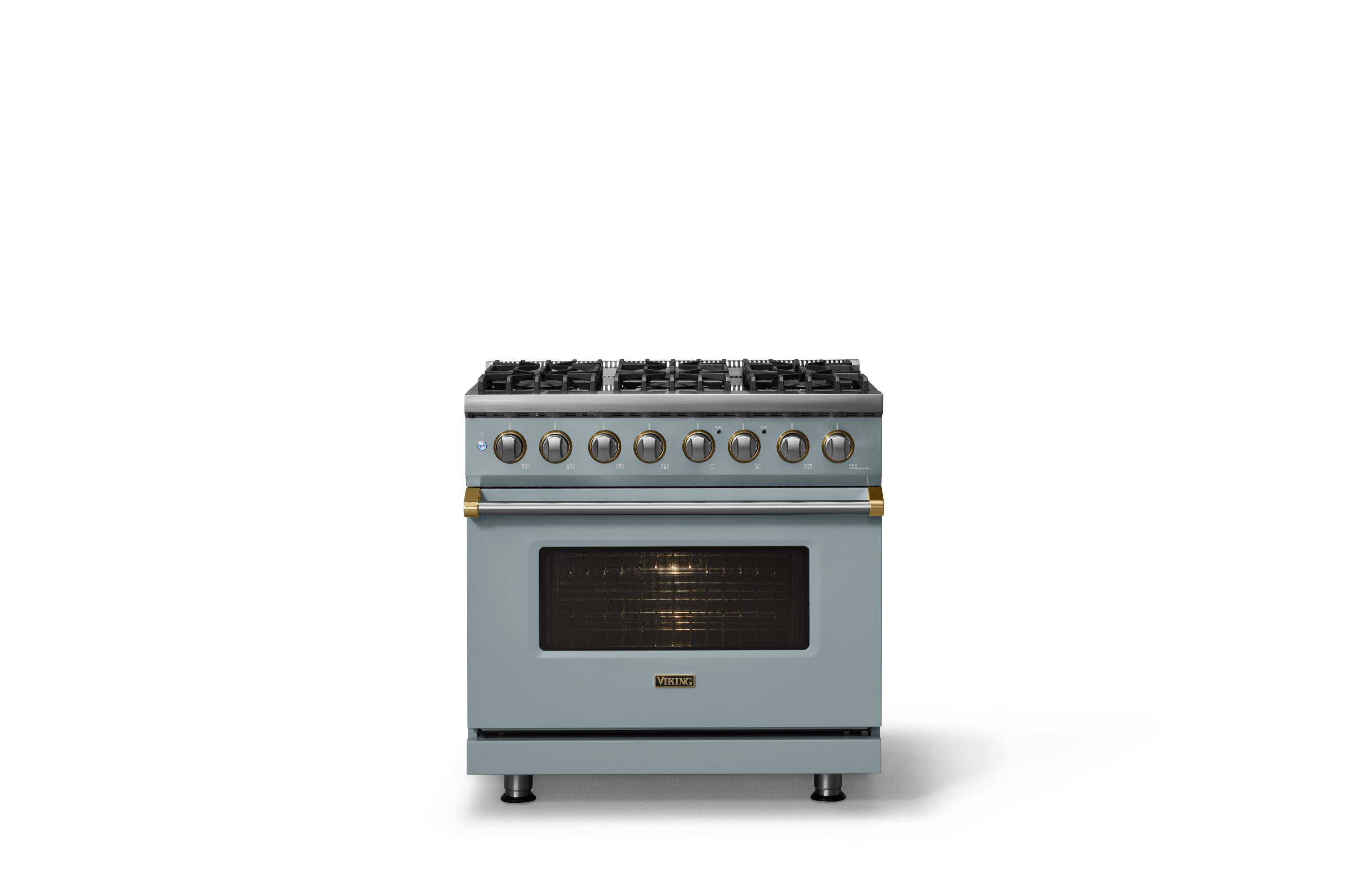 Alt View 1. Viking - 36"W 5.6 Cu.Ft. Pro5S Freestanding Sealed 6 Burner Dual Fuel Convection LP Range - November Sky w. Brushed Brass Trim - November Sky.