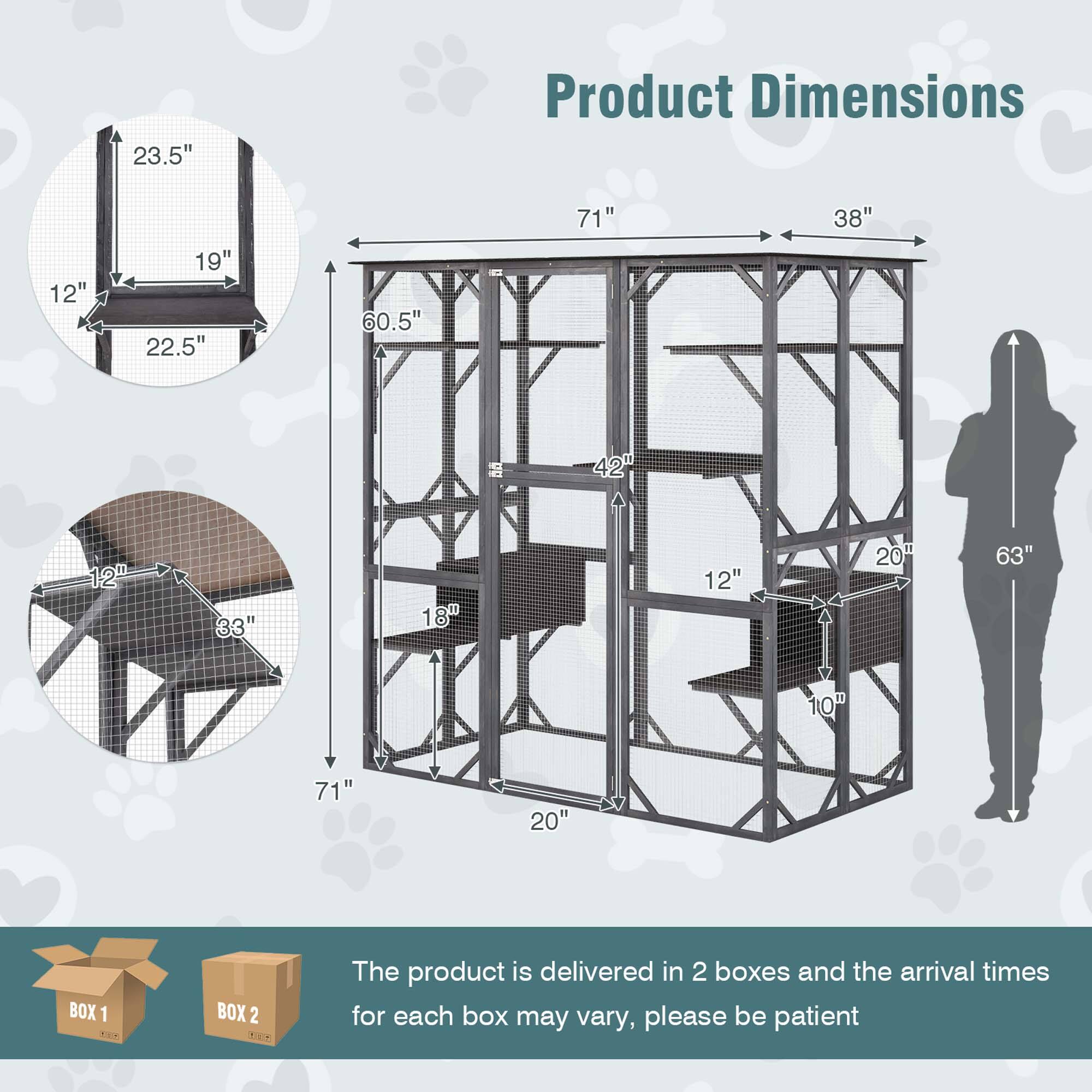 **Product Dimensions**

- 23.5" x 19" x 22.5"
- 71" x 38" x 42"
- 63" x 20" x 10"
- 71" x 20" x 18"
- 12" x 33" x 12"

**The product is delivered in 2 boxes and the arrival times for each box may vary, please be patient.**