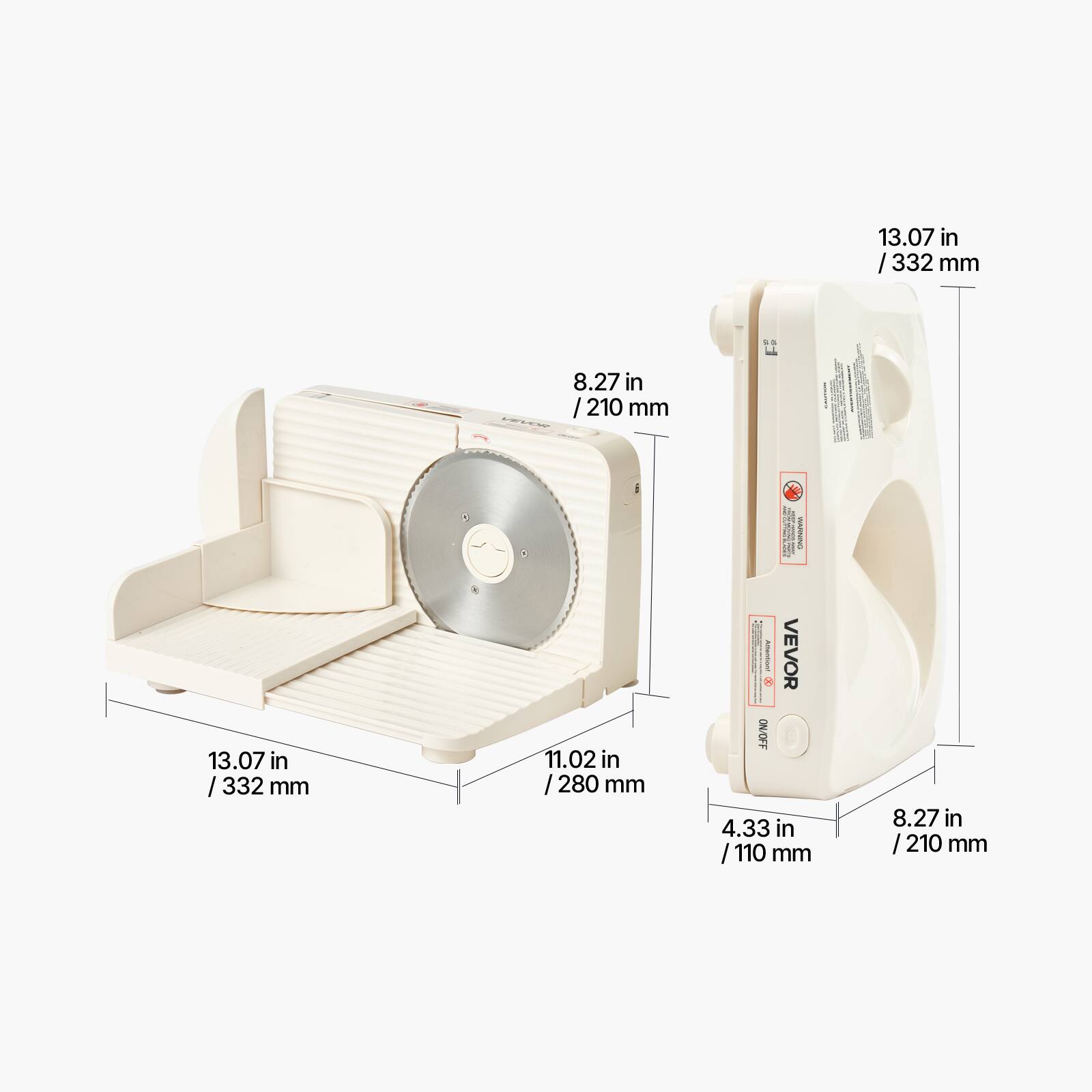 13.07 in / 332 mm  
8.27 in / 210 mm  
11.02 in / 280 mm  
4.33 in / 110 mm  
VEVOR ON/OFF