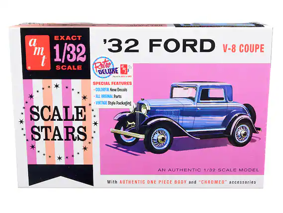 Sure, here is the corrected and grouped text from the image:
---
**EXACT 1/32 SCALE**
**'32 FORD V-8 COUPE**
**Retro Deluxe**
*From the Kats & AMT*
**SPECIAL FEATURES**
- COLORFUL New Decals
- ALL ORIGINAL Parts
- VINTAGE Style Packaging
**SCALE STARS**
**AN AUTHENTIC 1/32 SCALE MODEL**
With AUTHENTIC ONE PIECE BODY and "CHROMED" accessories
---
This text is organized to reflect the information on the box as it appears.