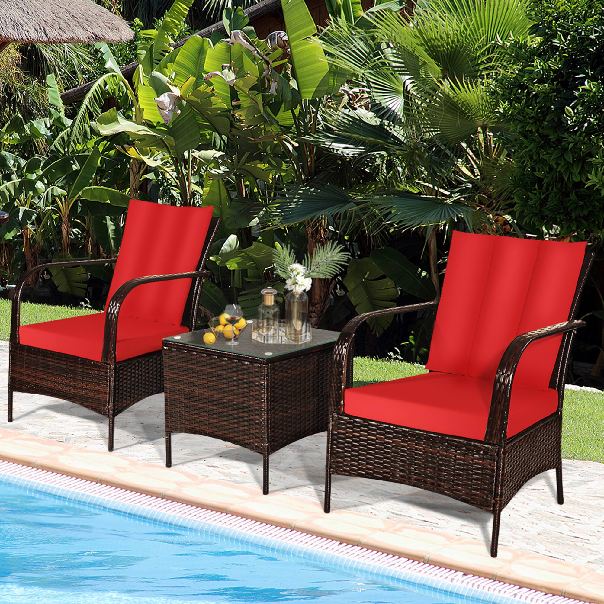Alt View 2. Gymax - Gymax 3PCS Patio Rattan Conversation Set Outdoor Furniture Set w/Table - Red.