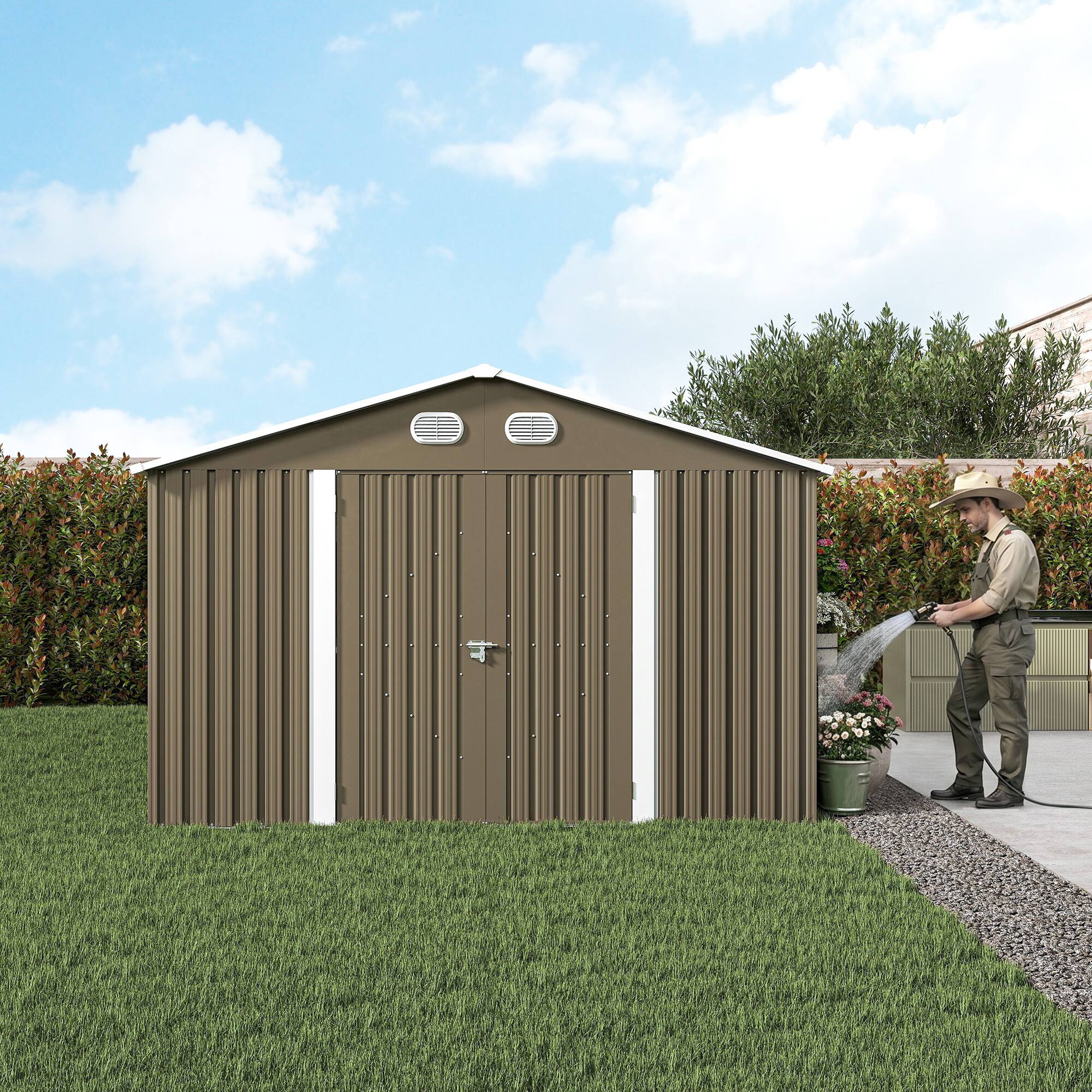 Alt View 8. Loheer - Loheer 10x12 Metal Storage Shed Large Backyard Tool Shed with Lockable Door Brown.