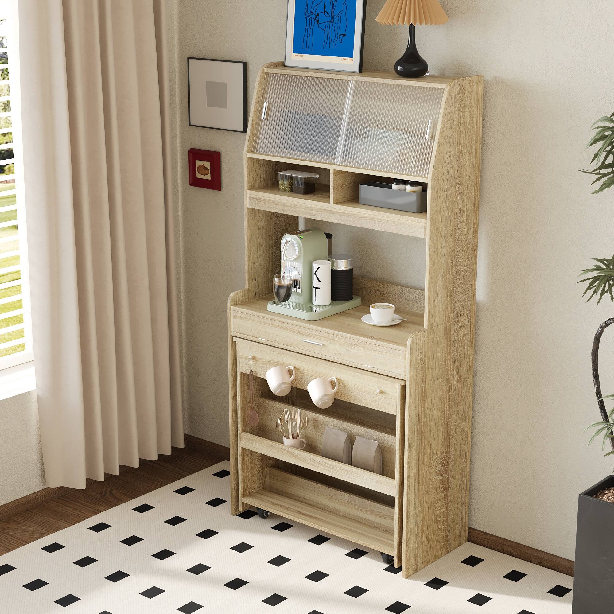 Alt View 1. Spaco - Spaco Space Saving Buffet with Hutch, Foldable Dining Table and Storage Shelves, for Studio Apartment Small Spaces - Natural.