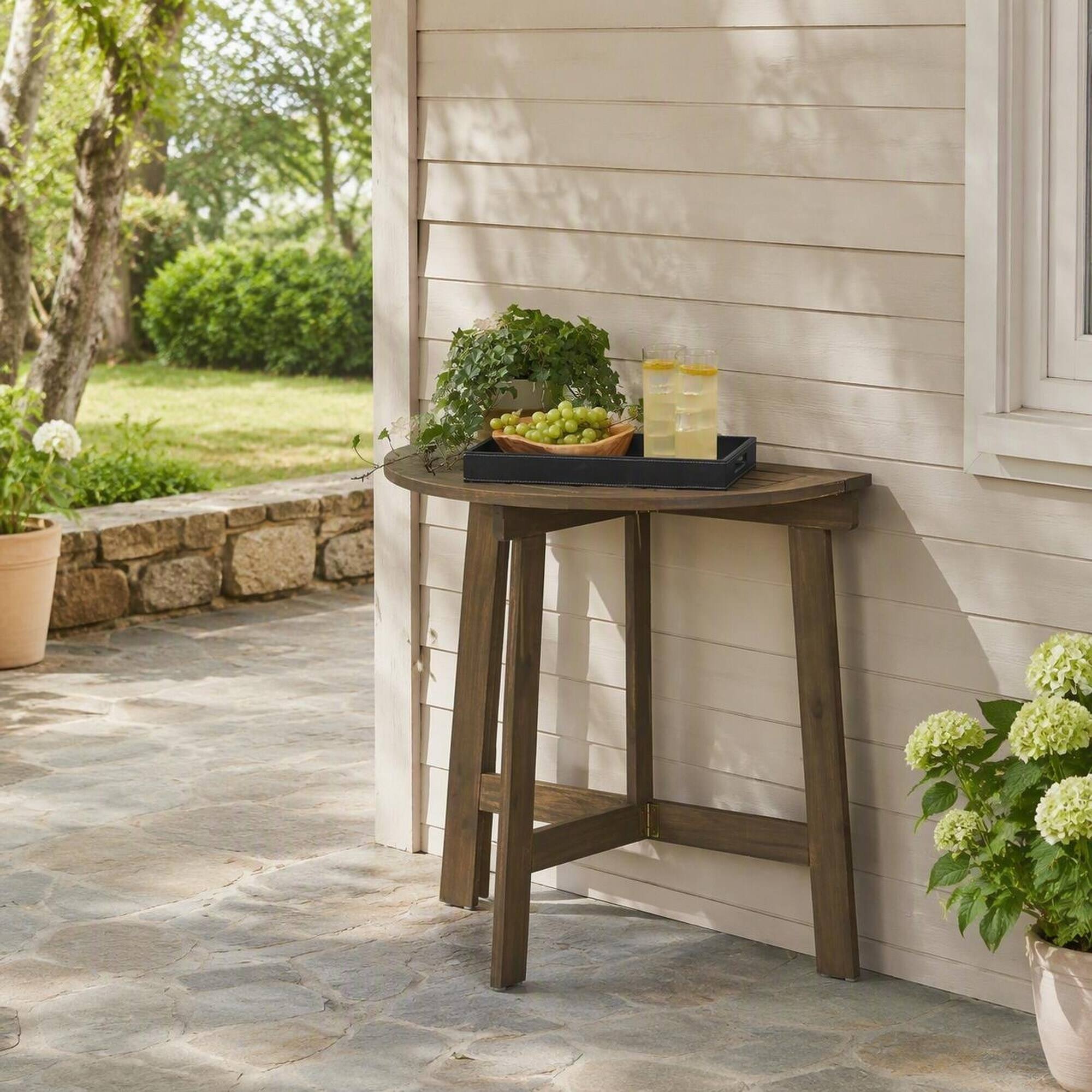 Angle. RYHNUYNE - Outdoor Half-Round Folding Acacia Wood Bistro Table,Weather Resistant Space-Saving Side Table for Patio - Grey.