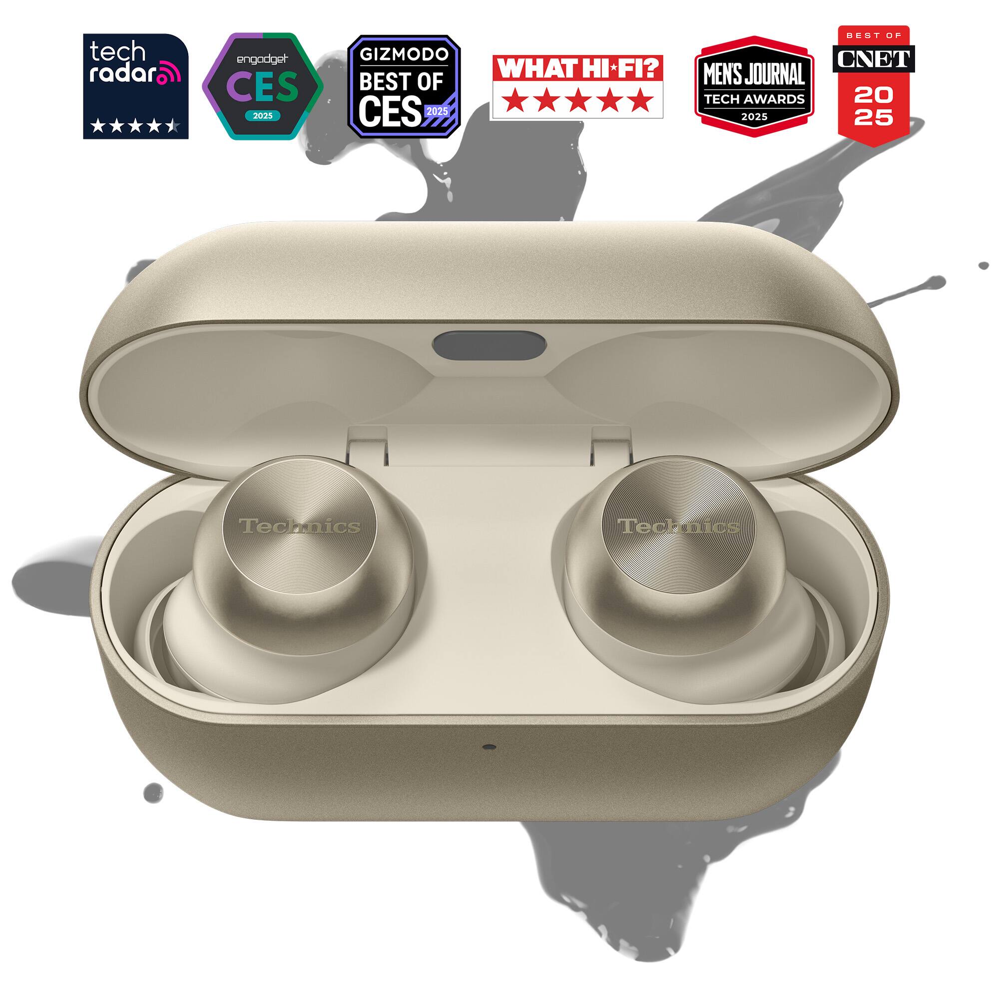 The image features a pair of Technics earphones in a box. The earphones are white and are placed inside the box, which is open. The box also contains a manual and a warranty card. The Technics brand is known for its high-quality audio products, and these earphones are no exception. The inclusion of a manual and warranty card ensures that users have all the necessary information and support for their purchase.