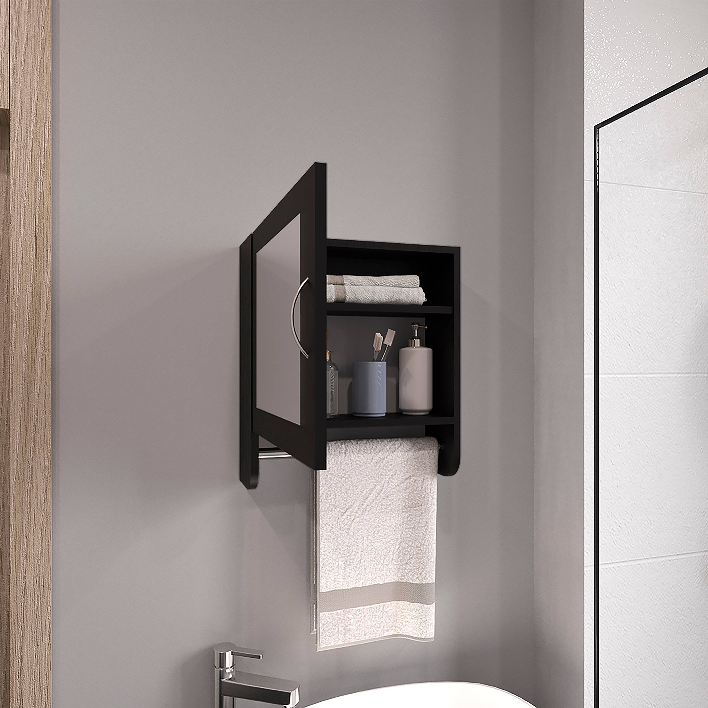 Left. TuHome - Botiq Mirror Medicine Cabinet With Towel Rack Black, One Door With Two Interior Shelves For Bathroom - Black Wengue.